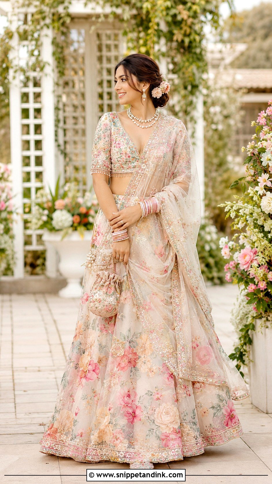 Floral Lehenga With Diagonal Bridal Dupatta - Snippet and Ink - 20 Bridal Dupatta Style Ideas