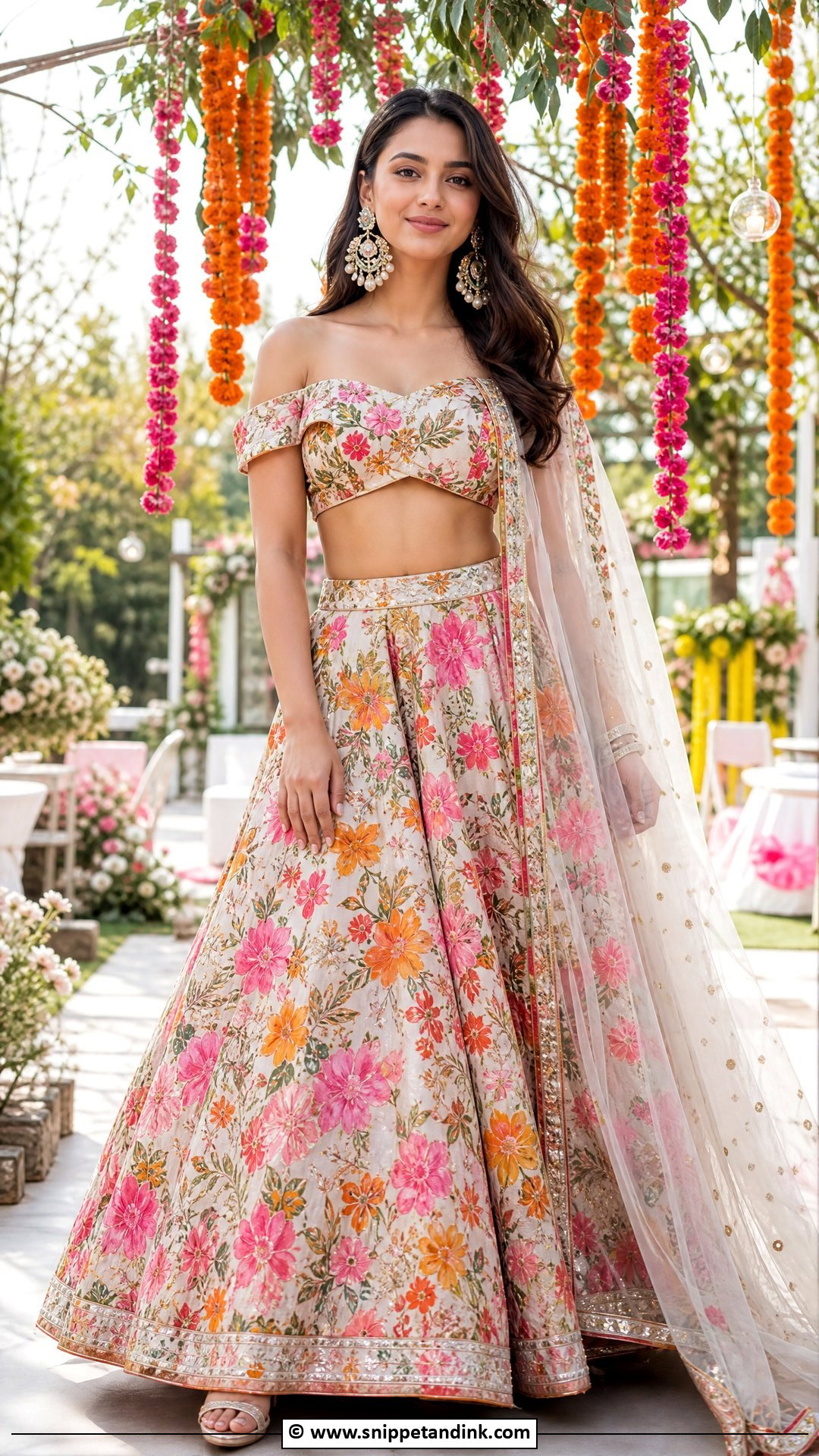 Floral Lehenga With Off Shoulder Blouse - Snippet and Ink - 35 Mehndi Dress Ideas