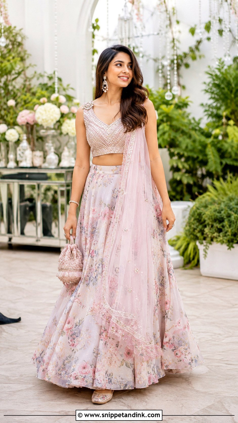 Floral Lehenga With Organza Dupatta For Indian Sangeet - Snippet and Ink - 20 Indian Sangeet Outfit Ideas