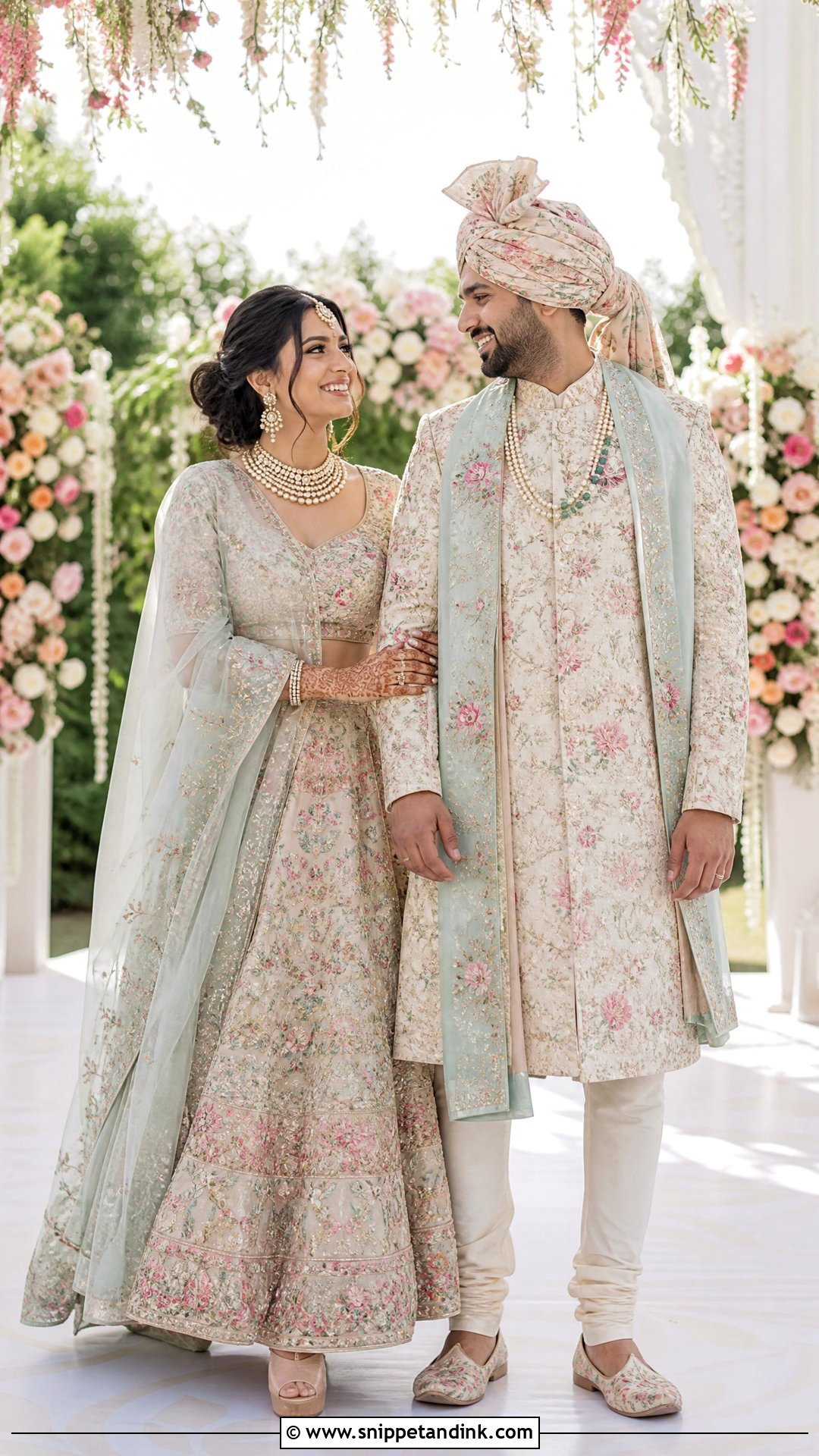 Floral Lehenga With Pastel Sherwani - Snippet and Ink - 25 Indian Hindu Couple Wedding Dress Ideas