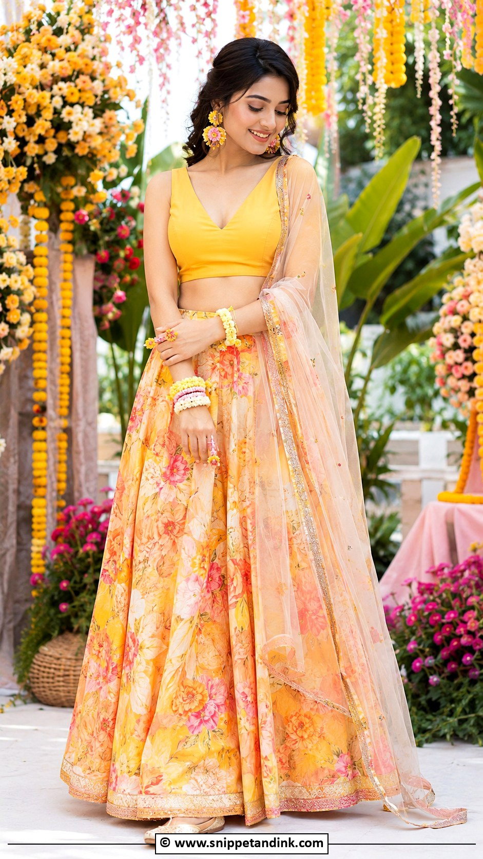 Floral Lehenga for Haldi - Snippet and Ink - 30 Haldi Dress Ideas for Sisters