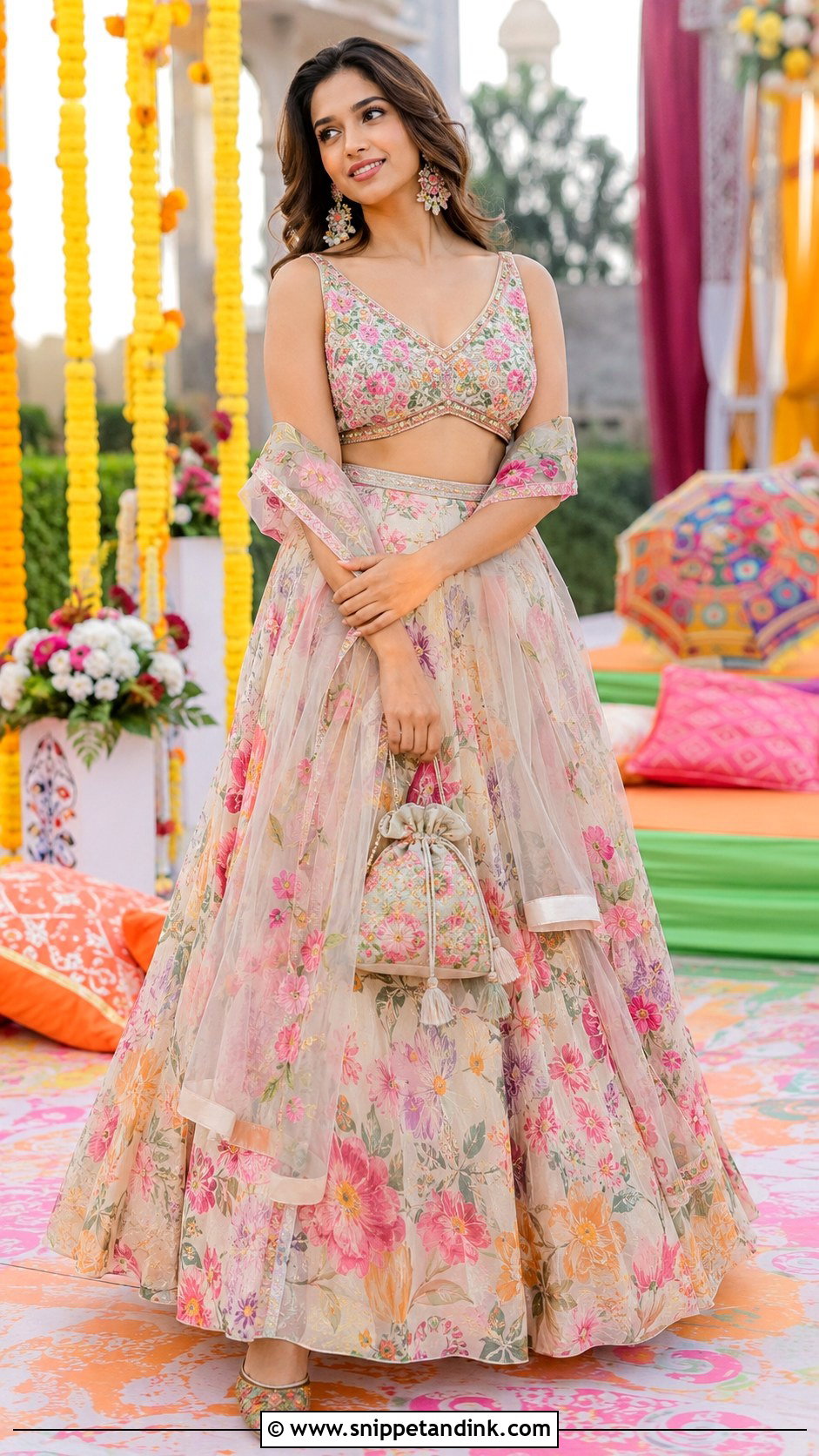 Floral Lehenga for Indian Wedding Mehndi - Snippet and Ink - 20 Indian Wedding Outfit Ideas for Women
