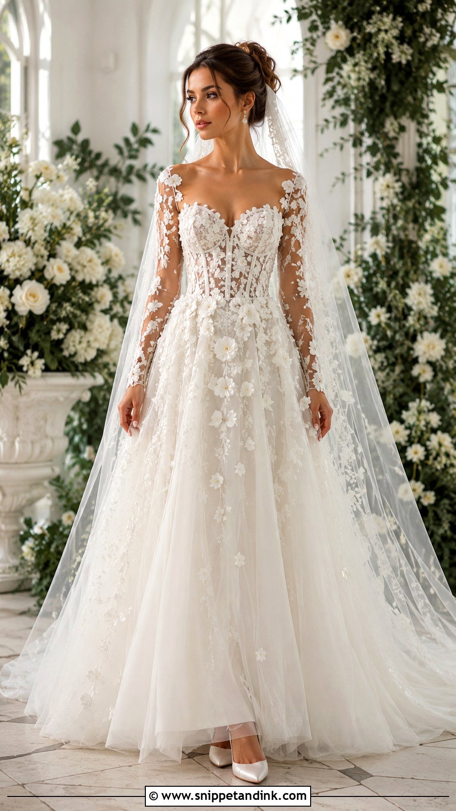 Floral Long Sleeve Corset Wedding Dress - Snippet and Ink - 20 Long Sleeve Corset Wedding Dress Ideas