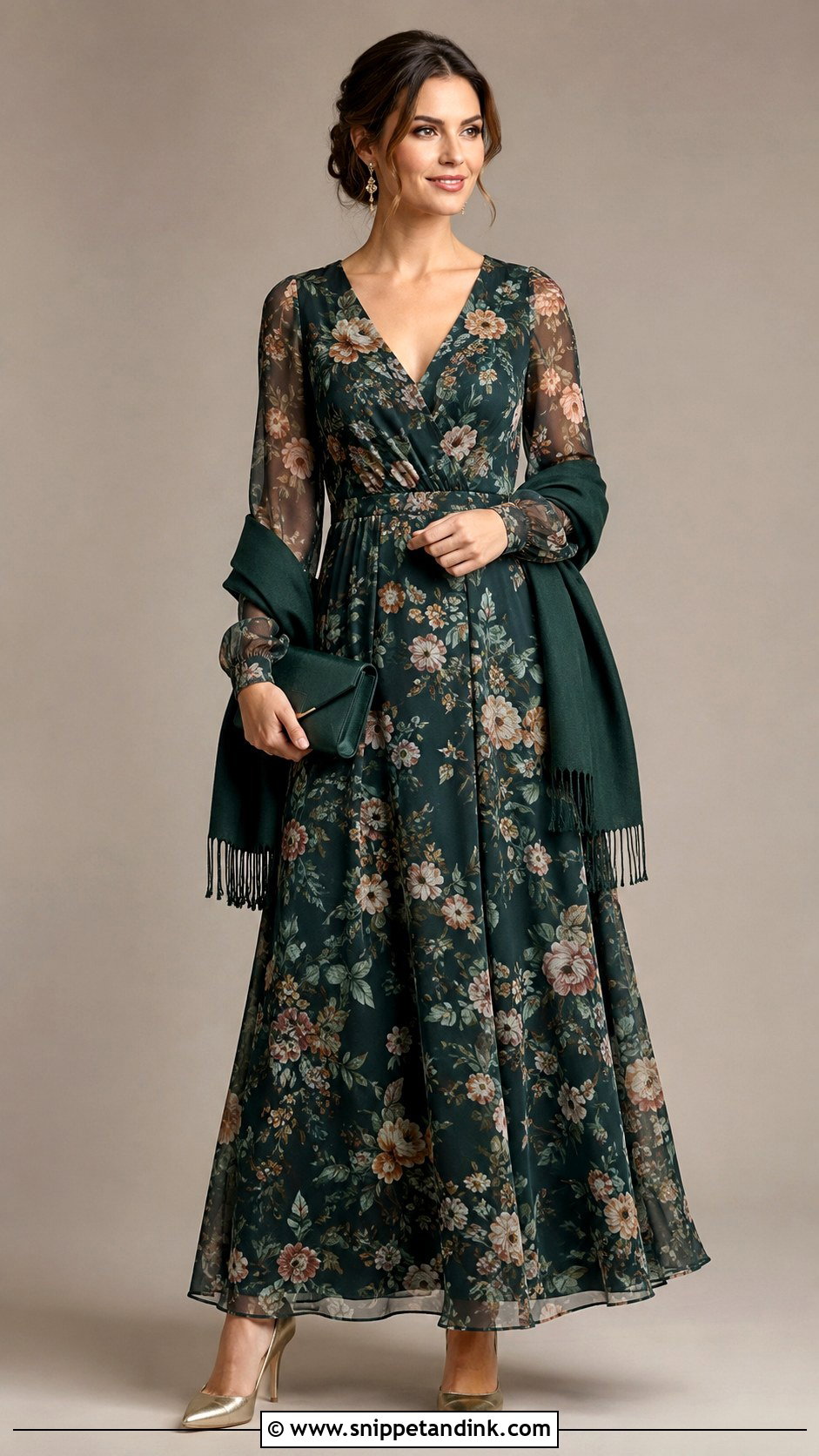 Floral Long Sleeve Maid of Honor Dress With Closed Toe Heels - Snippet and Ink - 20 Floral Maid of Honor Dress Ideas