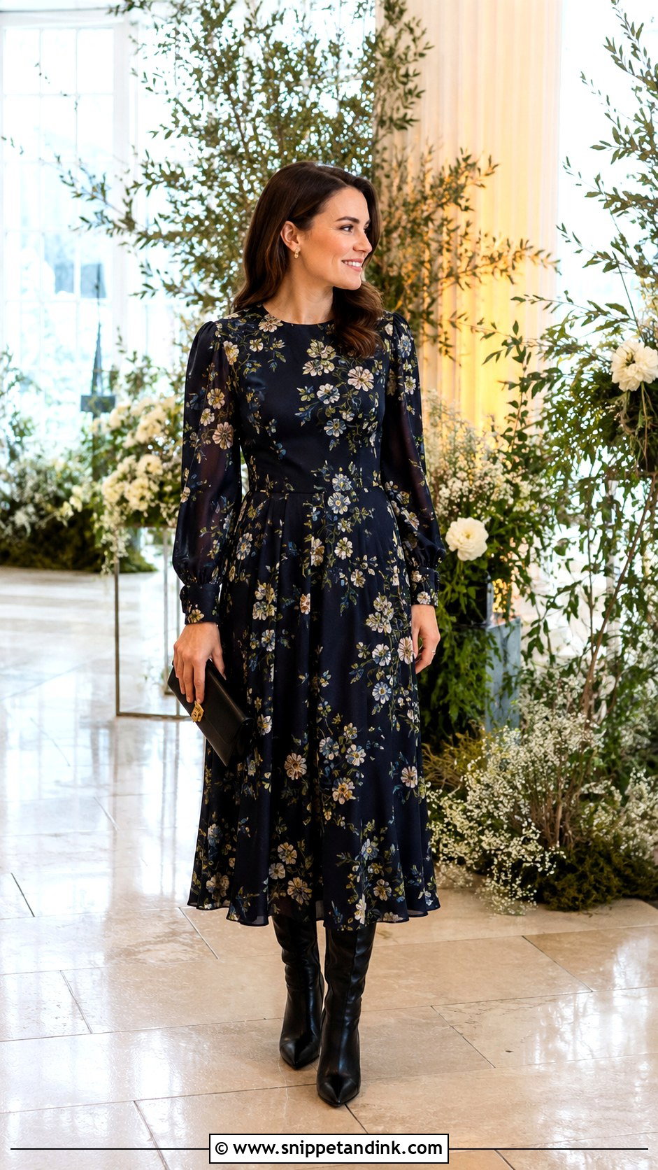 Floral Long Sleeve Midi Dress Winter Wedding Outfit - Snippet and Ink - 30 Winter Wedding Outfit Ideas