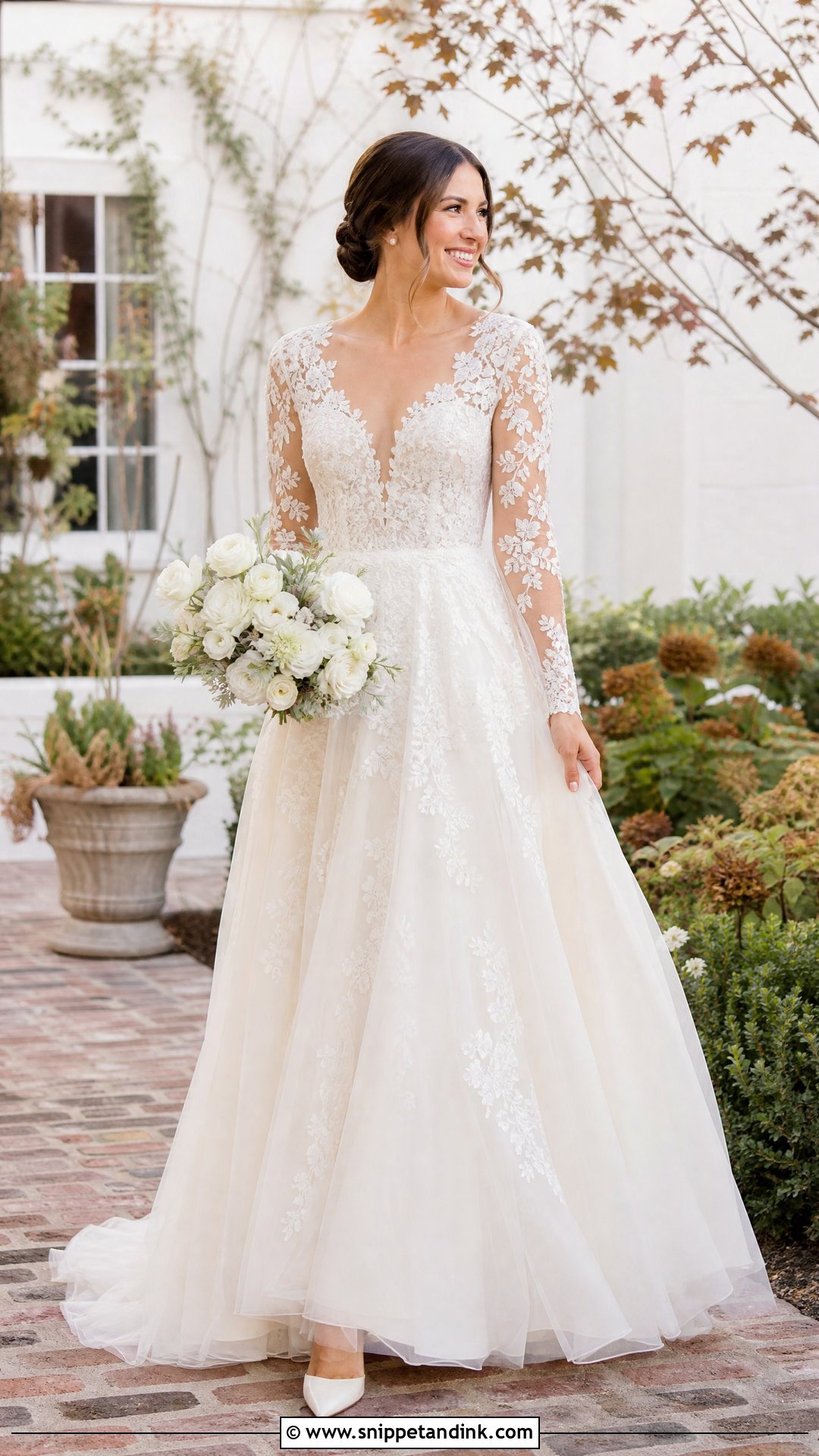 Floral Long Sleeve Wedding Dress With Low Bun - Snippet and Ink - 25 Floral Wedding Dresses