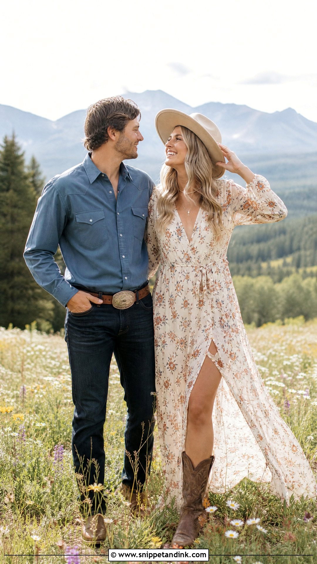 Floral Maxi Dress And Brown Cowboy Boots Outfit - Snippet and Ink - 20 Western Pre Wedding Shoot Outfit Ideas