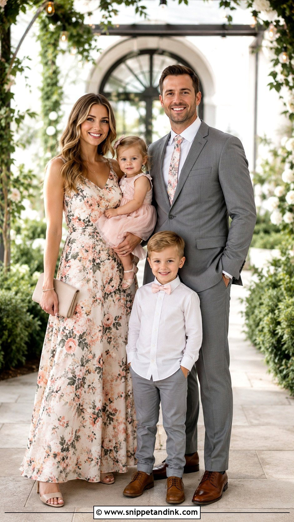 Floral Maxi Dress And Gray Suit Family Wedding Outfit - Snippet and Ink - 25 Family Wedding Outfits