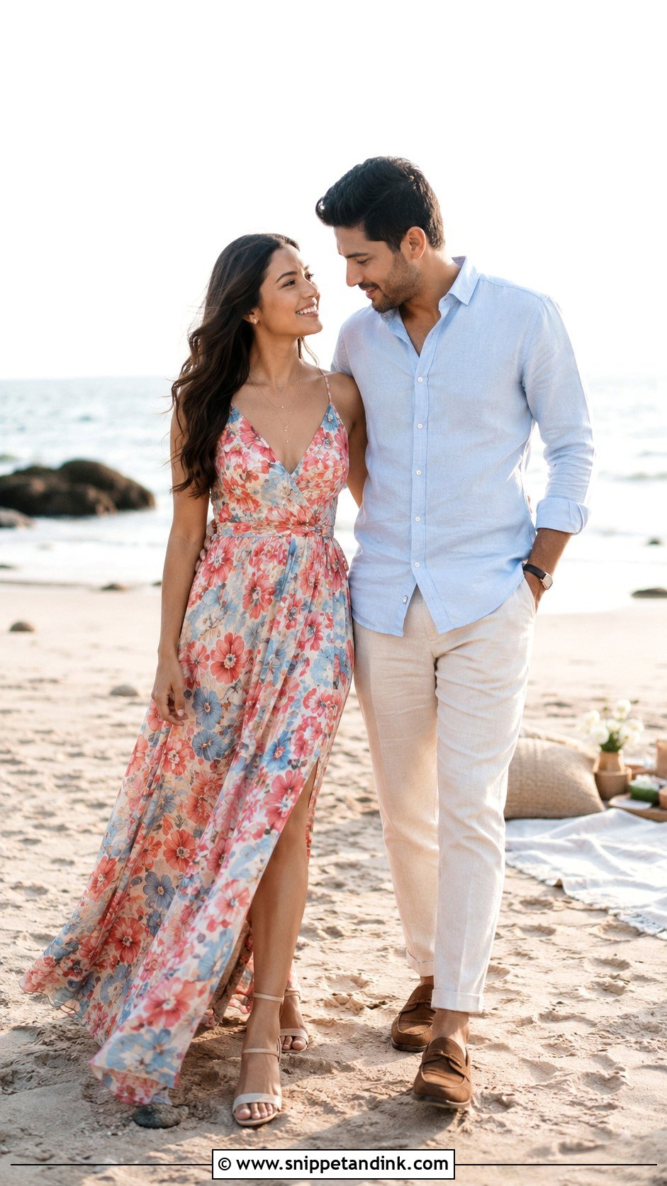 Floral Maxi Dress And Sand Linen Outfit - Snippet and Ink - 20 Beach Pre Wedding Shoot Outfit Ideas