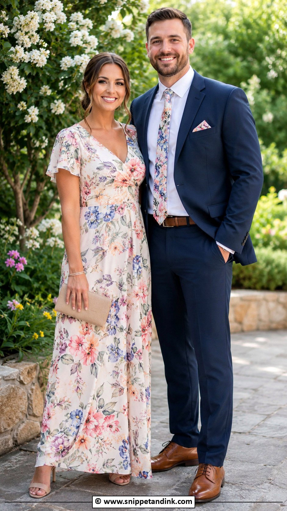 Floral Maxi Dress And Solid Suit Wedding Matching Outfit - Snippet and Ink - 35 Wedding Matching Outfits