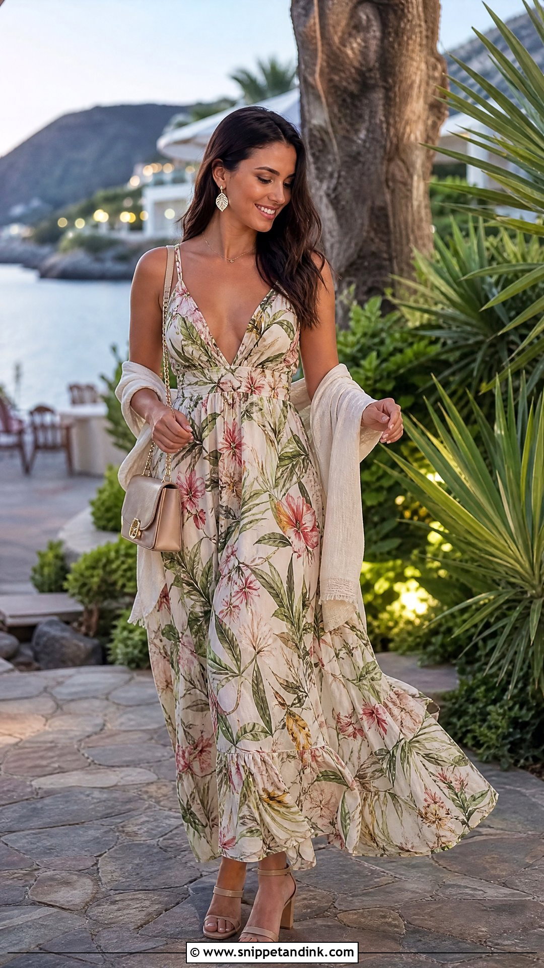 Floral Maxi Dress Honeymoon Dinner Outfit - Snippet and Ink - 20 Outfits for Honeymoon