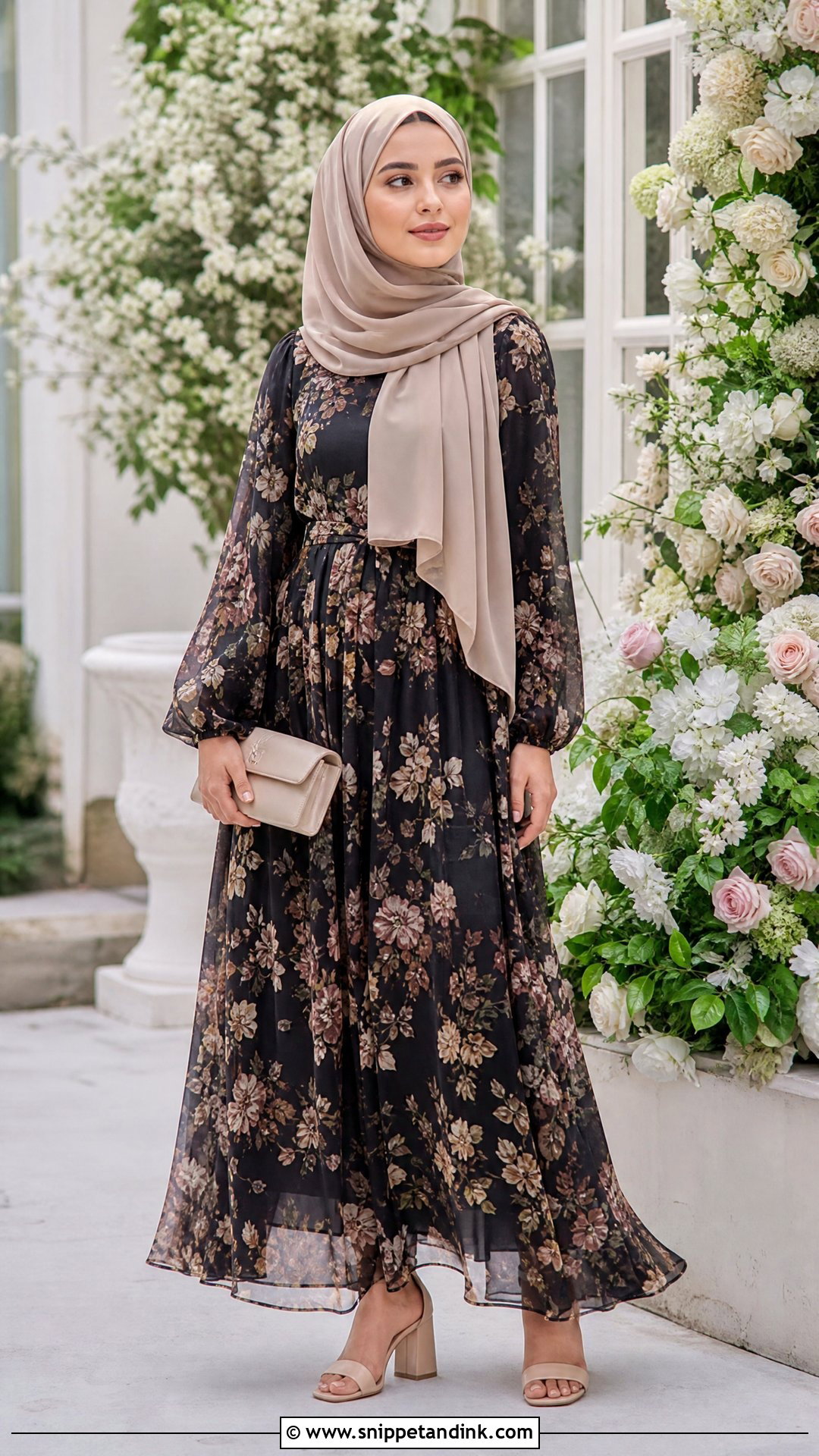 Floral Maxi Dress With Neutral Hijab - Snippet and Ink - 25 Dresses to Wear to a Wedding Hijab