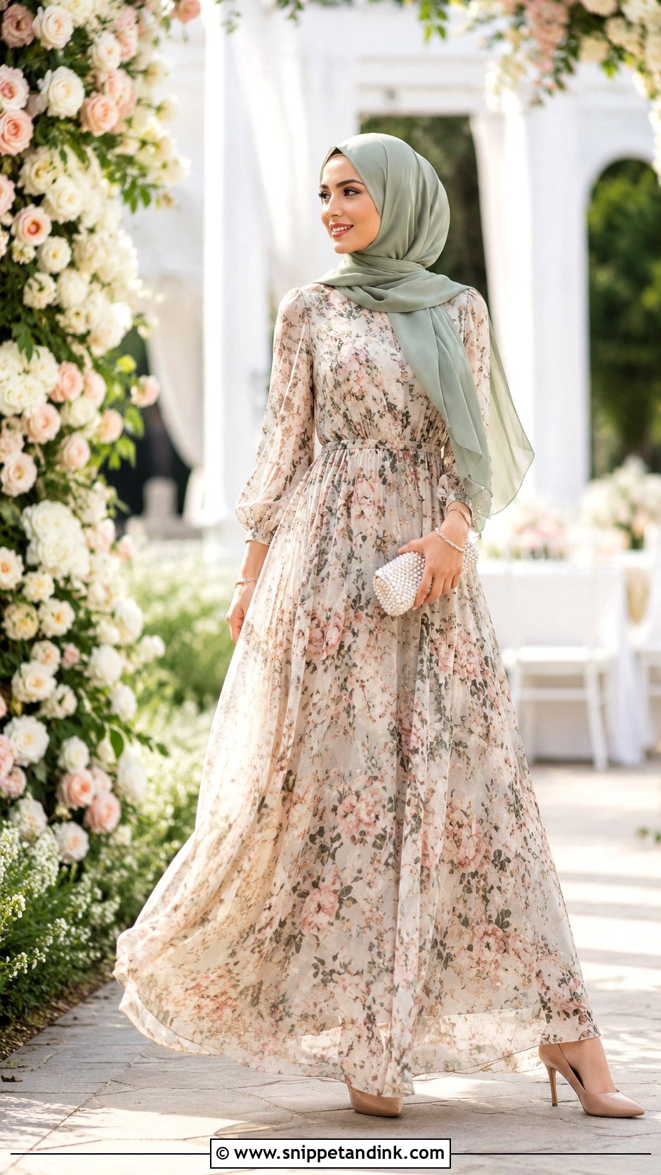 Floral Maxi Dress With Soft Hijab - Snippet and Ink - 30 Wedding Hijab Styles