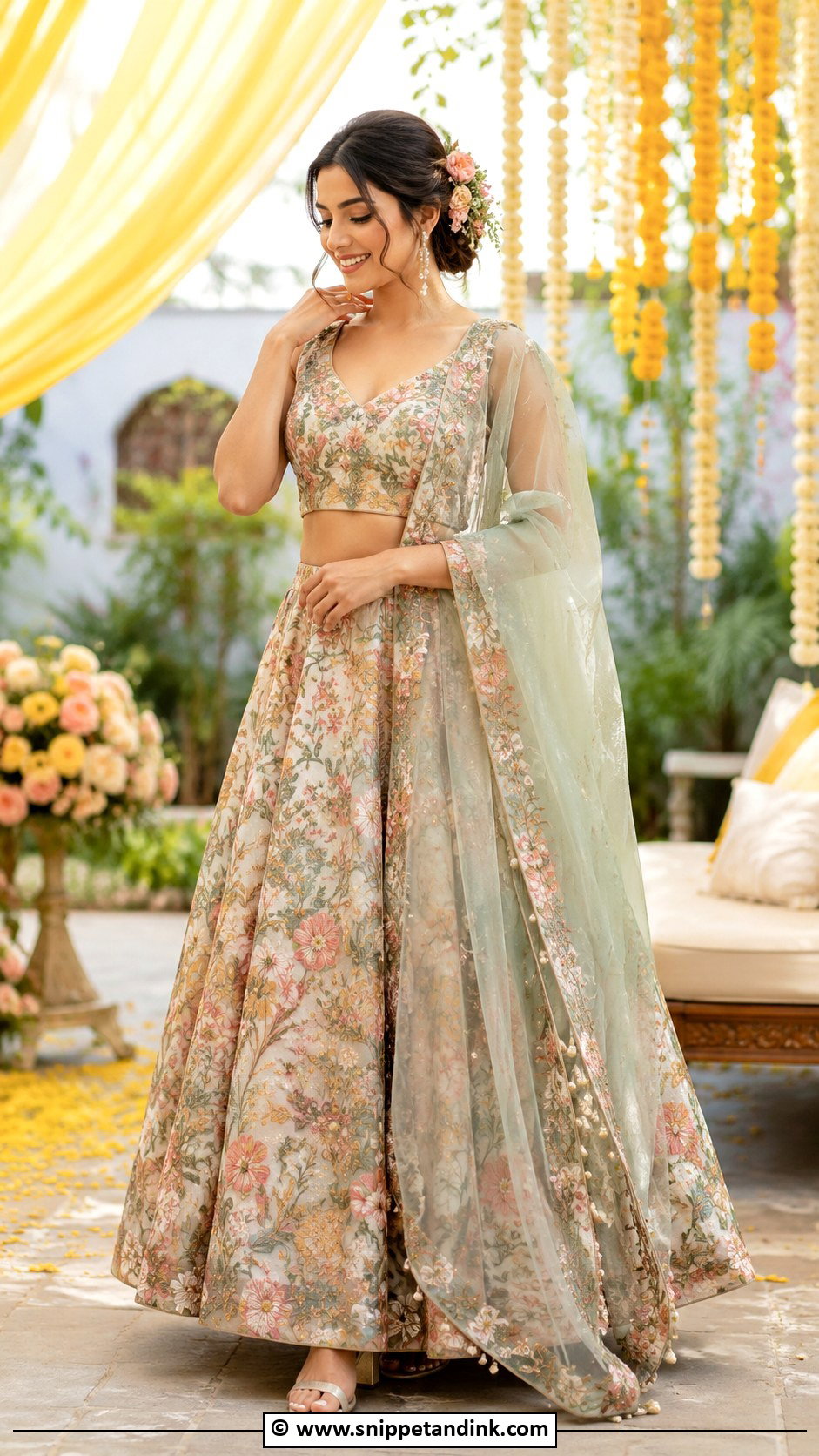 Floral Mehandi Lehenga Outfit - Snippet and Ink - 30 Mehandi Outfits
