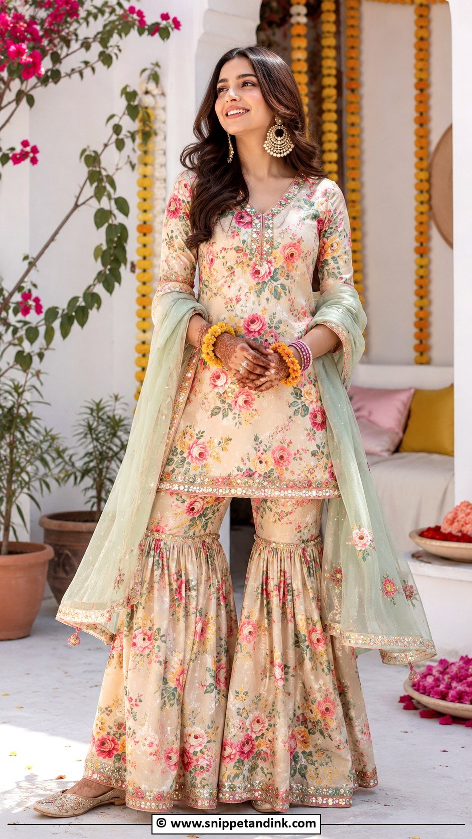 Floral Mehandi Sharara Set - Snippet and Ink - 30 Mehandi Dress Ideas