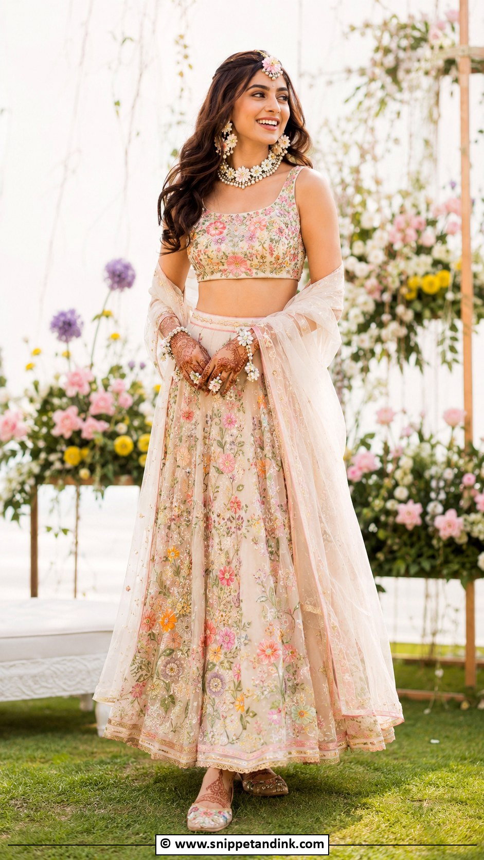 Floral Mehendi Bridal Lehenga - Snippet and Ink - 30 Mehendi Bridal Outfit Ideas