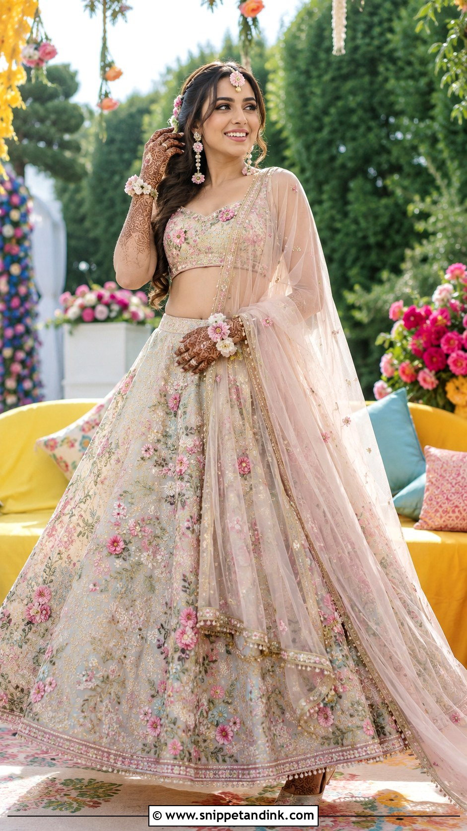 Floral Mehendi Lehenga For Bride - Snippet and Ink - 30 Mehendi Dress Brides Ideas