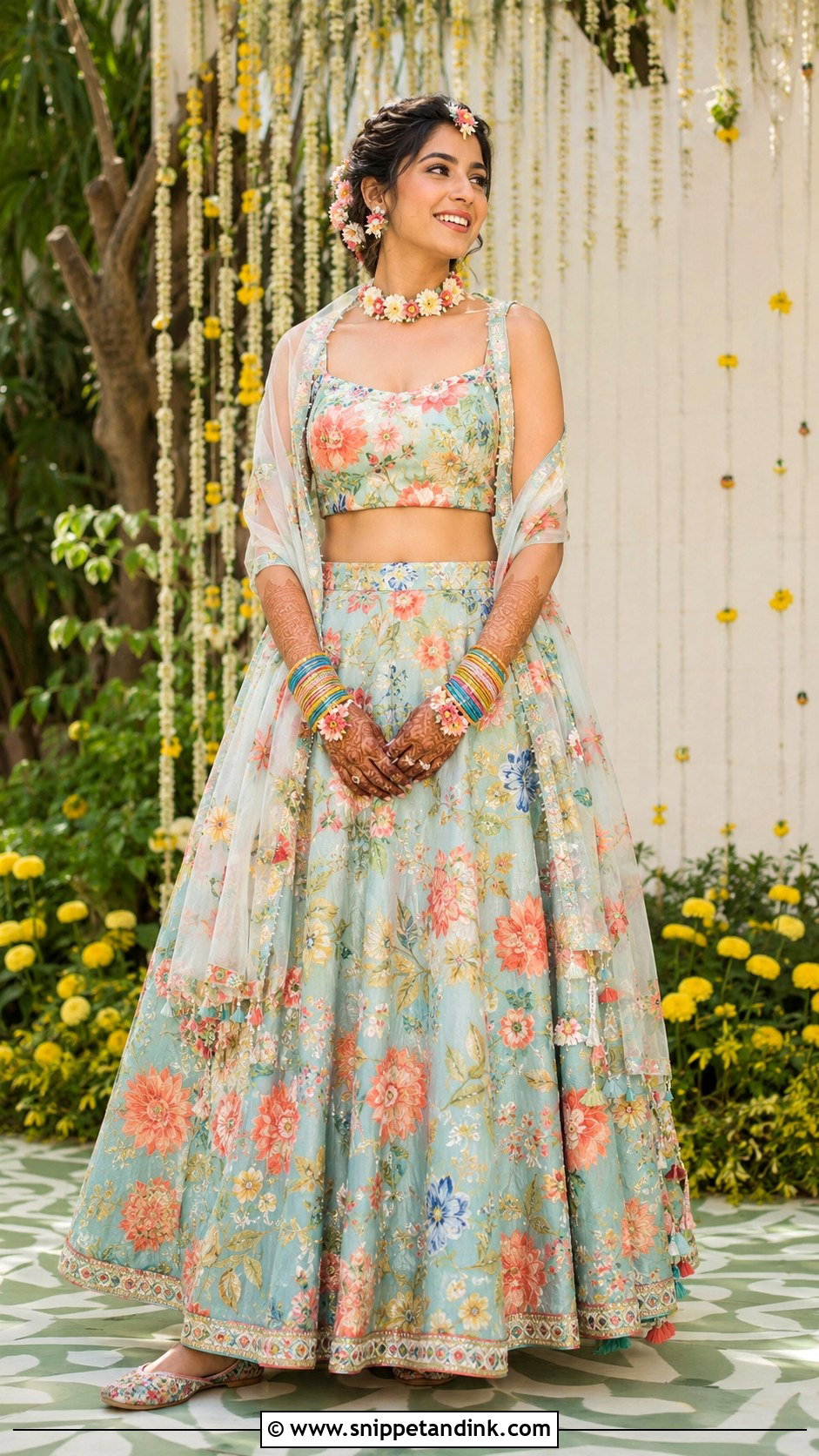 Floral Mehndi Bridal Lehenga - Snippet and Ink - 20 Desi Wedding Bride Ideas