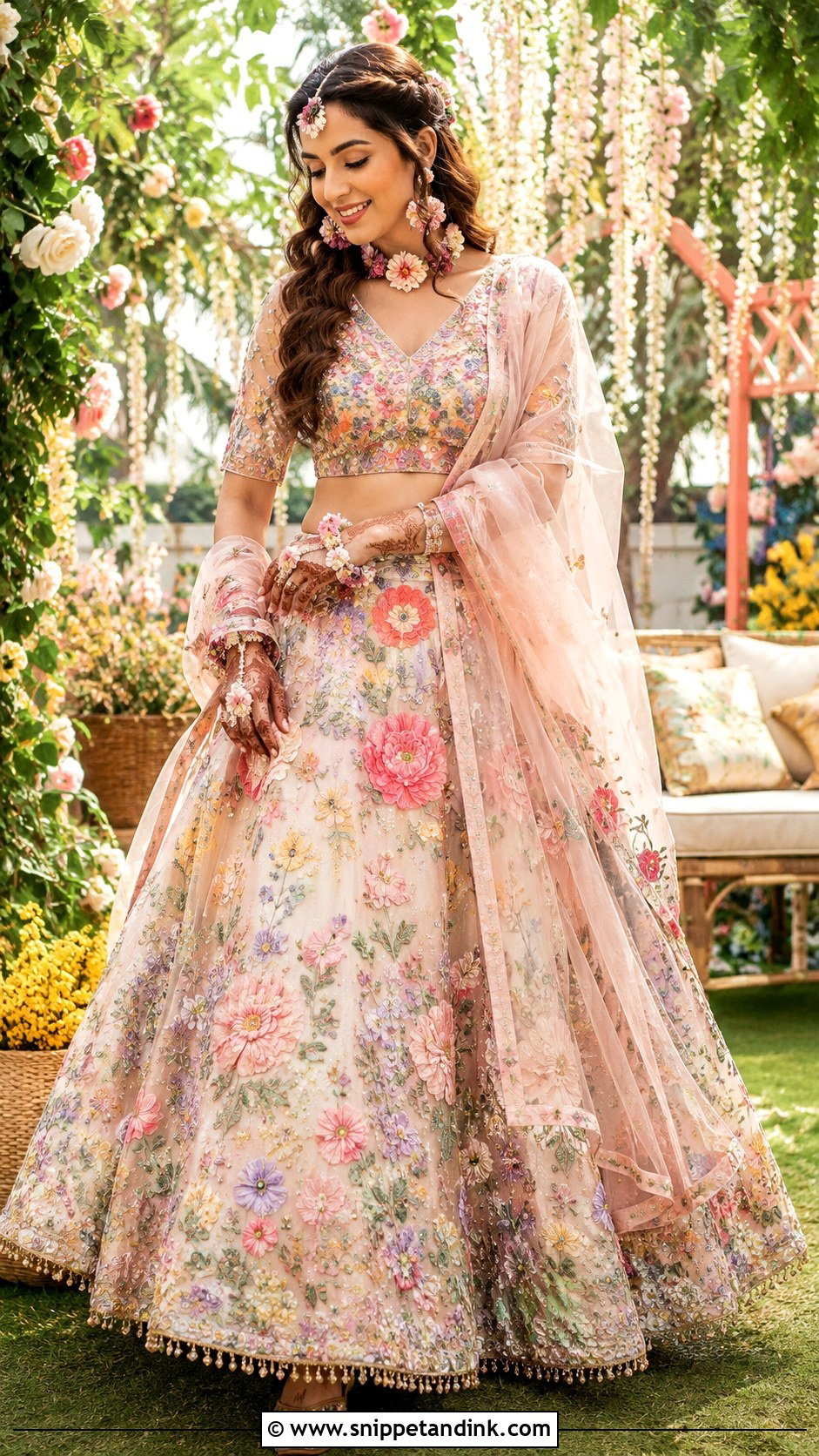 Floral Mehndi Lehenga Outfit - Snippet and Ink - 30 Mehndi Outfit for Bride Ideas