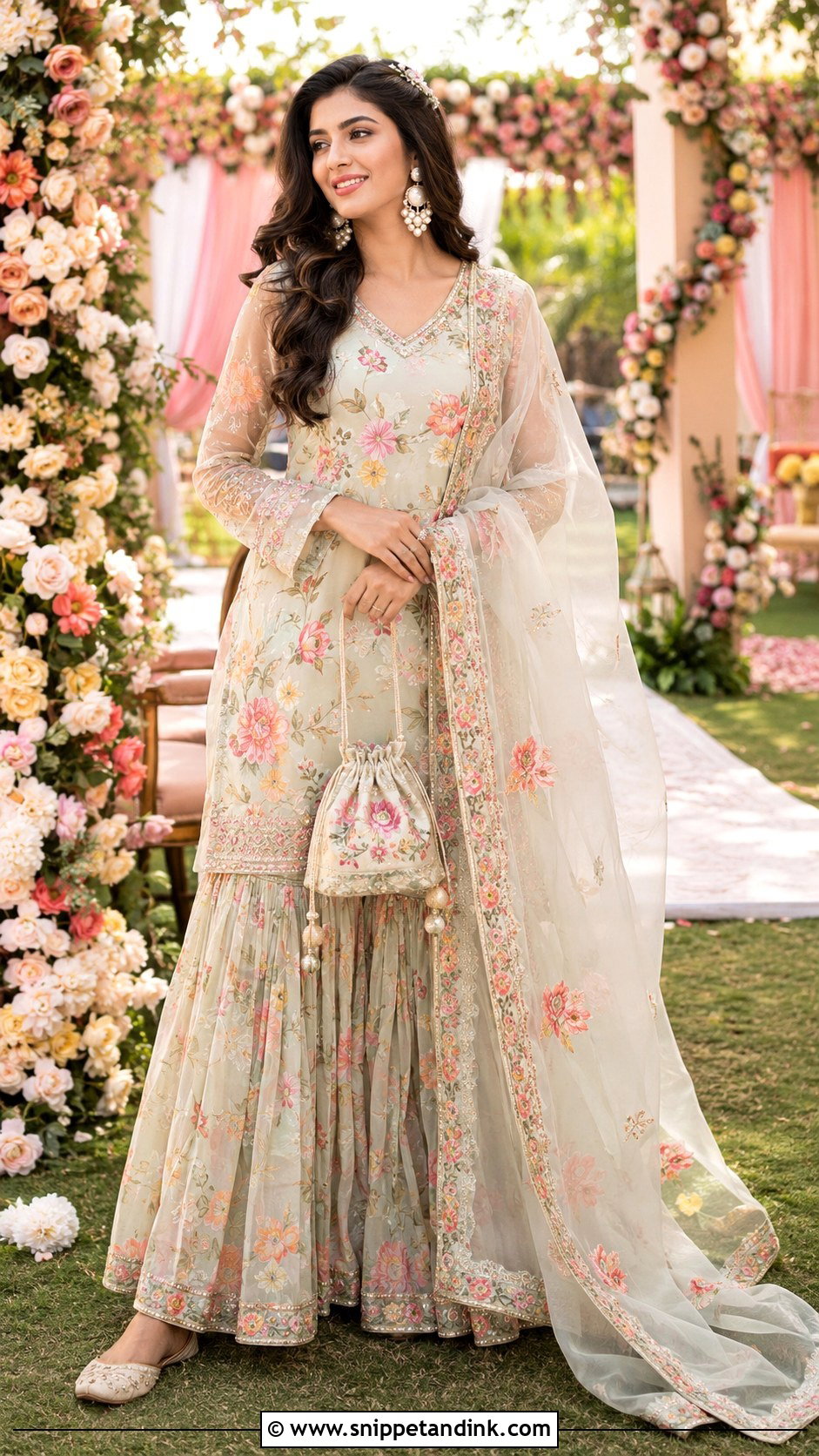 Floral Mehndi Sharara With Organza Dupatta - Snippet and Ink - 25 Mehndi Sharara Outfit Ideas