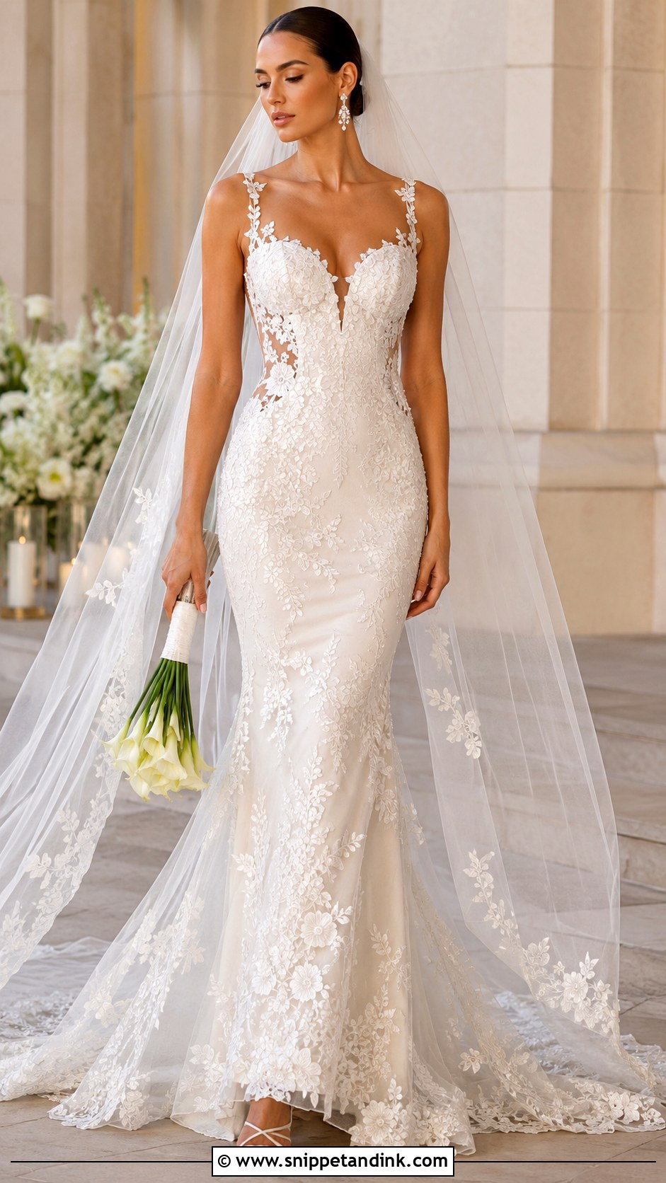 Floral Mermaid Wedding Dress With Long Veil - Snippet and Ink - 25 Wedding Dresses with Flowers
