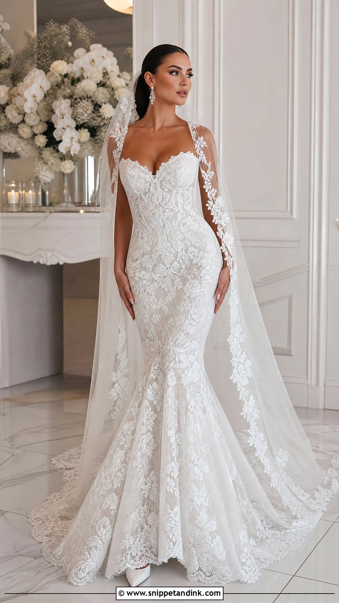 Floral Mermaid Wedding Dress With Long Veil - Snippet and Ink - 25 Floral Wedding Dresses