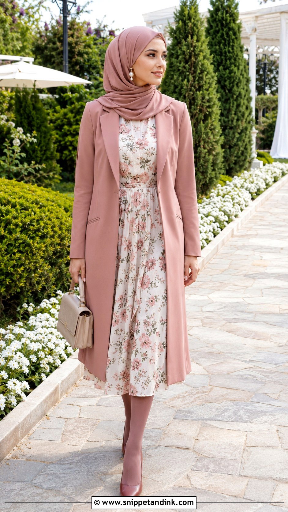 Floral Midi Dress And Blazer Hijab Wedding Outfit - Snippet and Ink - 20 Hijab Outfit Wedding Ideas