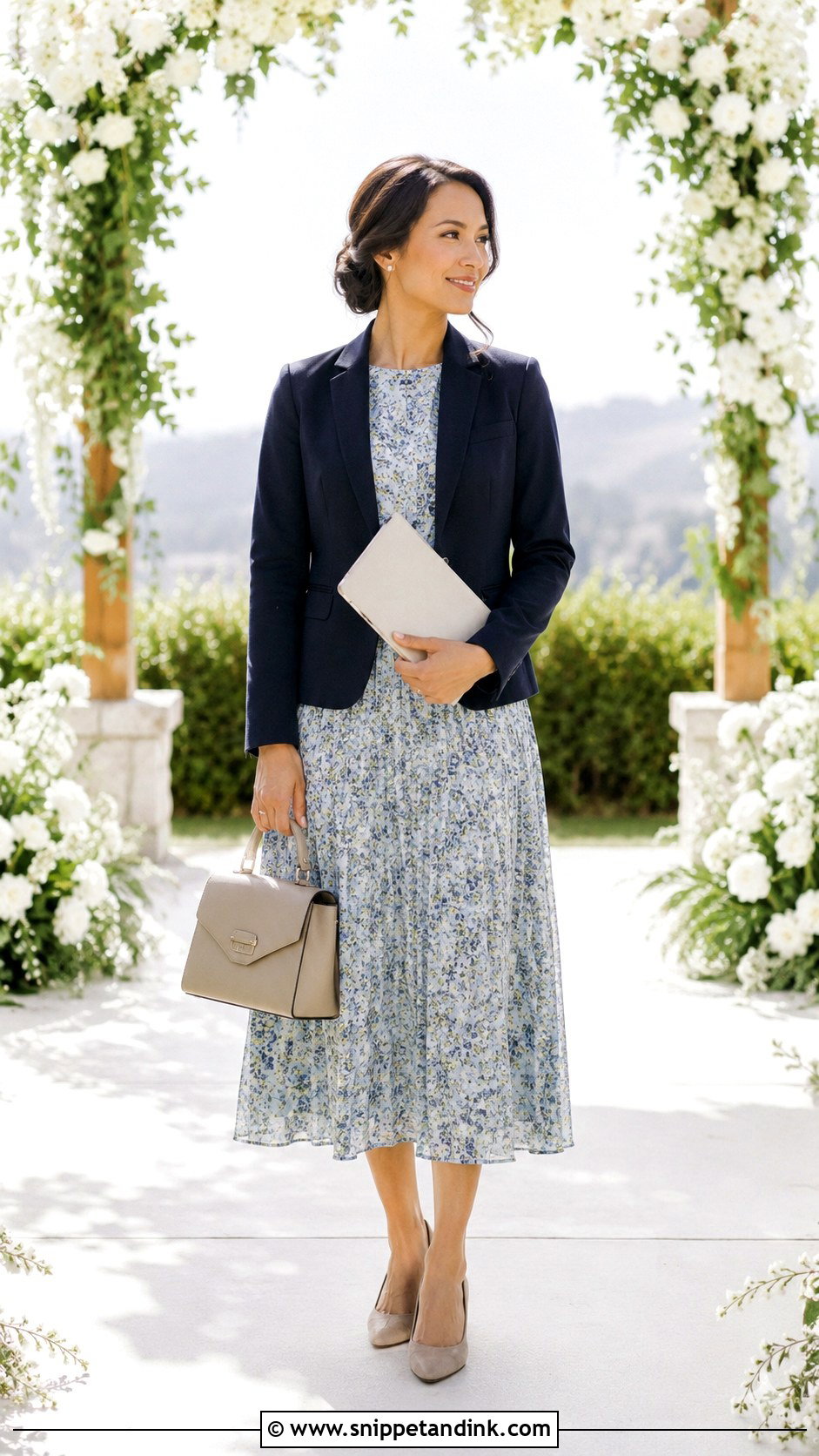 Floral Midi Dress And Solid Blazer Officiant Outfit - Snippet and Ink - 20 Female Officiant Attire Wedding Ideas