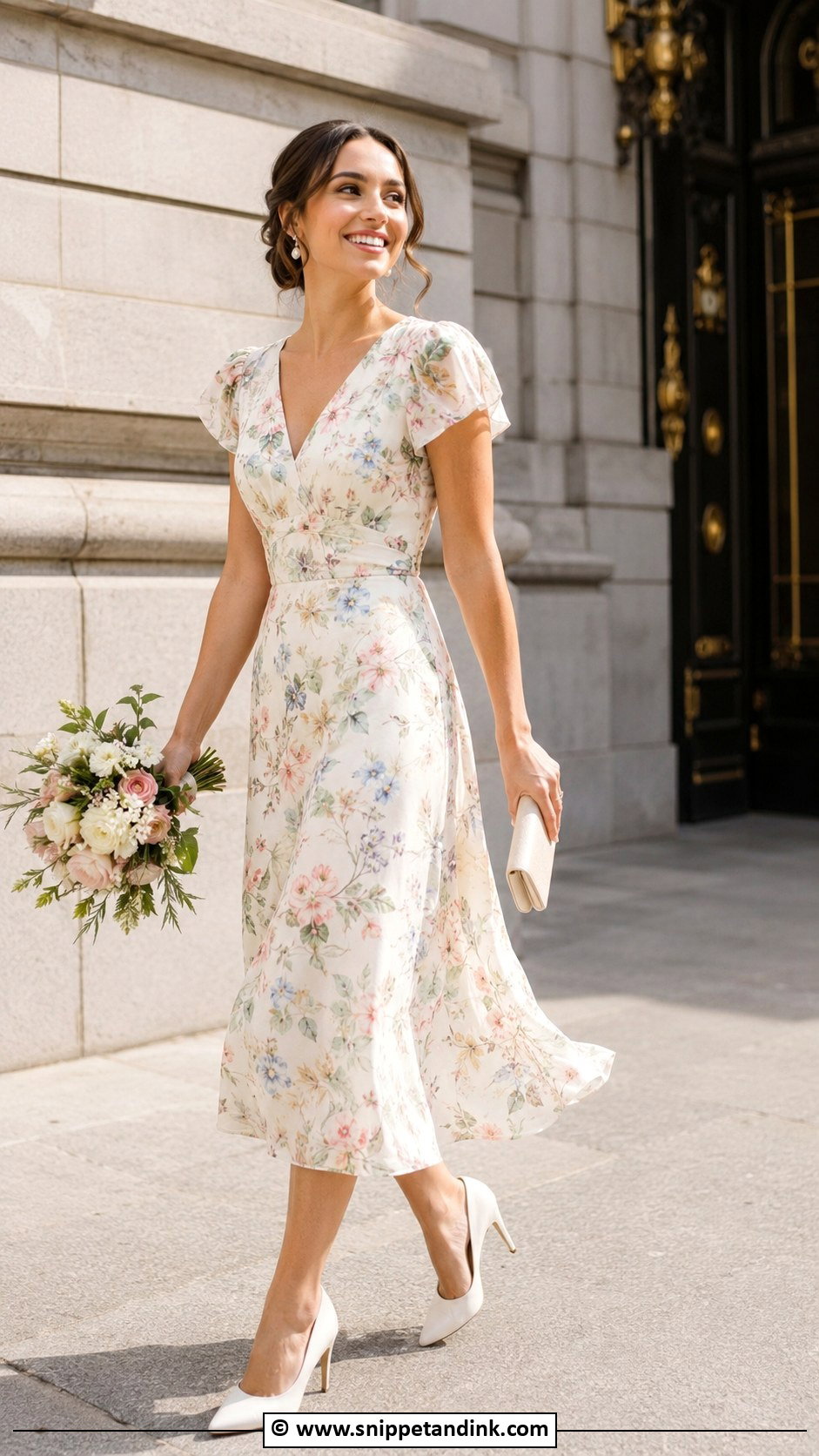 Floral Midi Dress City Hall Wedding Outfit - Snippet and Ink - 30 City Hall Wedding Outfit Ideas
