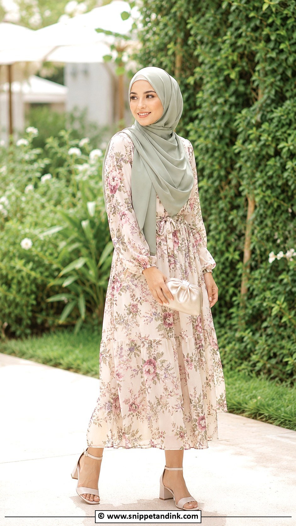 Floral Midi Dress Hijab Wedding Outfit - Snippet and Ink - 25 Hijab for Wedding Ideas