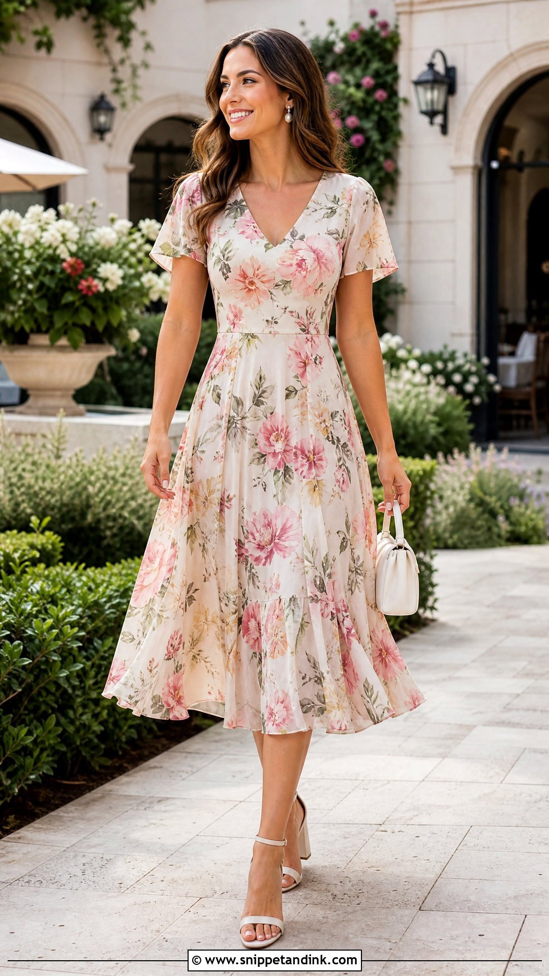 Floral Midi Dress Wedding Anniversary Outfit - Snippet and Ink - 20 Wedding Anniversary Outfits for Women