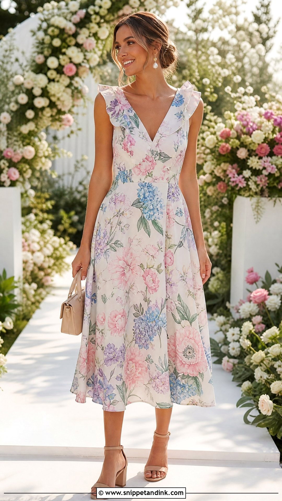 Floral Midi Dress Wedding Guest Outfit - Snippet and Ink - 25 Outfits for Wedding Functions