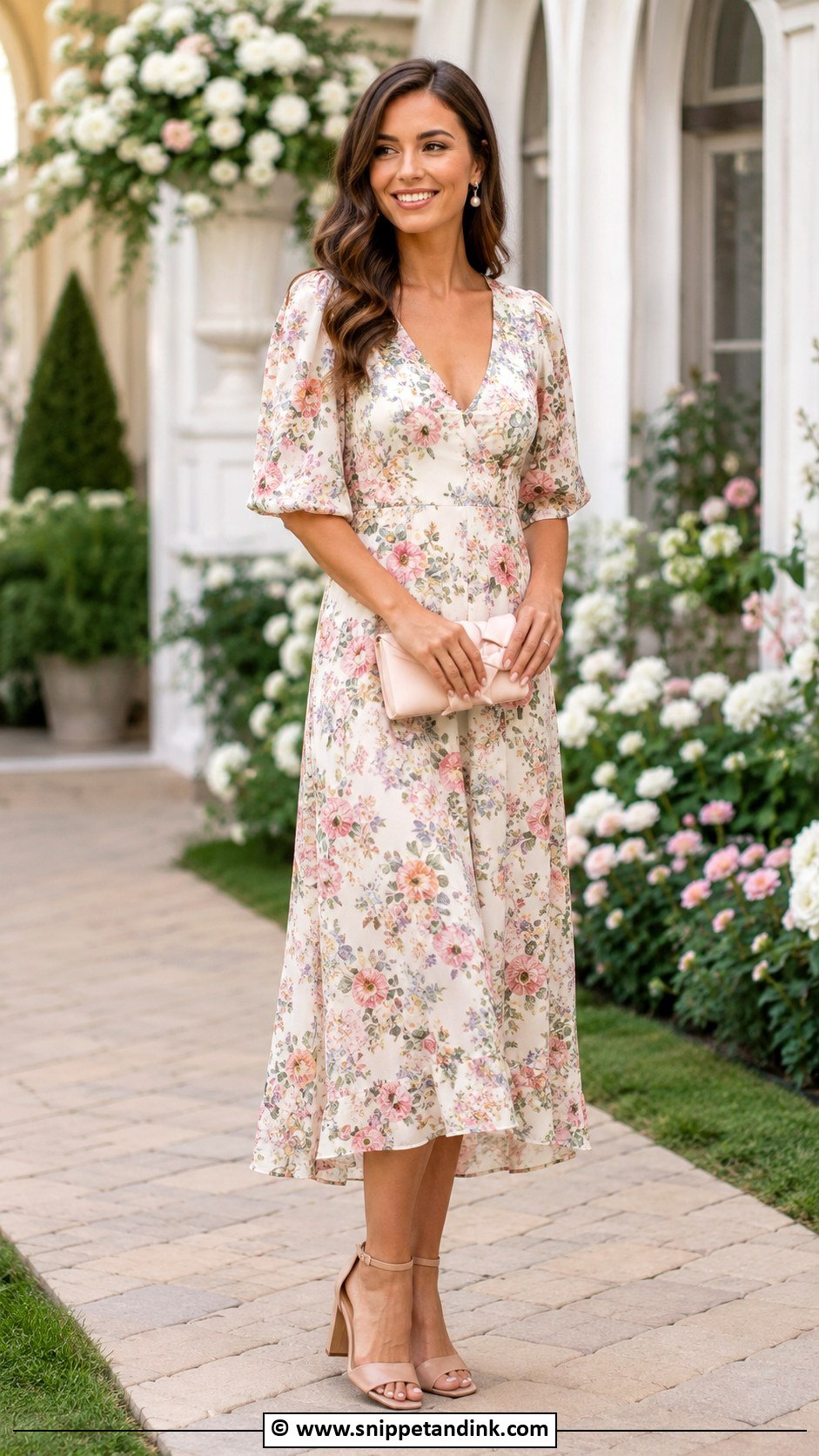 Floral Midi Dress Wedding Outfit - Snippet and Ink - 25 Wedding Outfit Women Ideas
