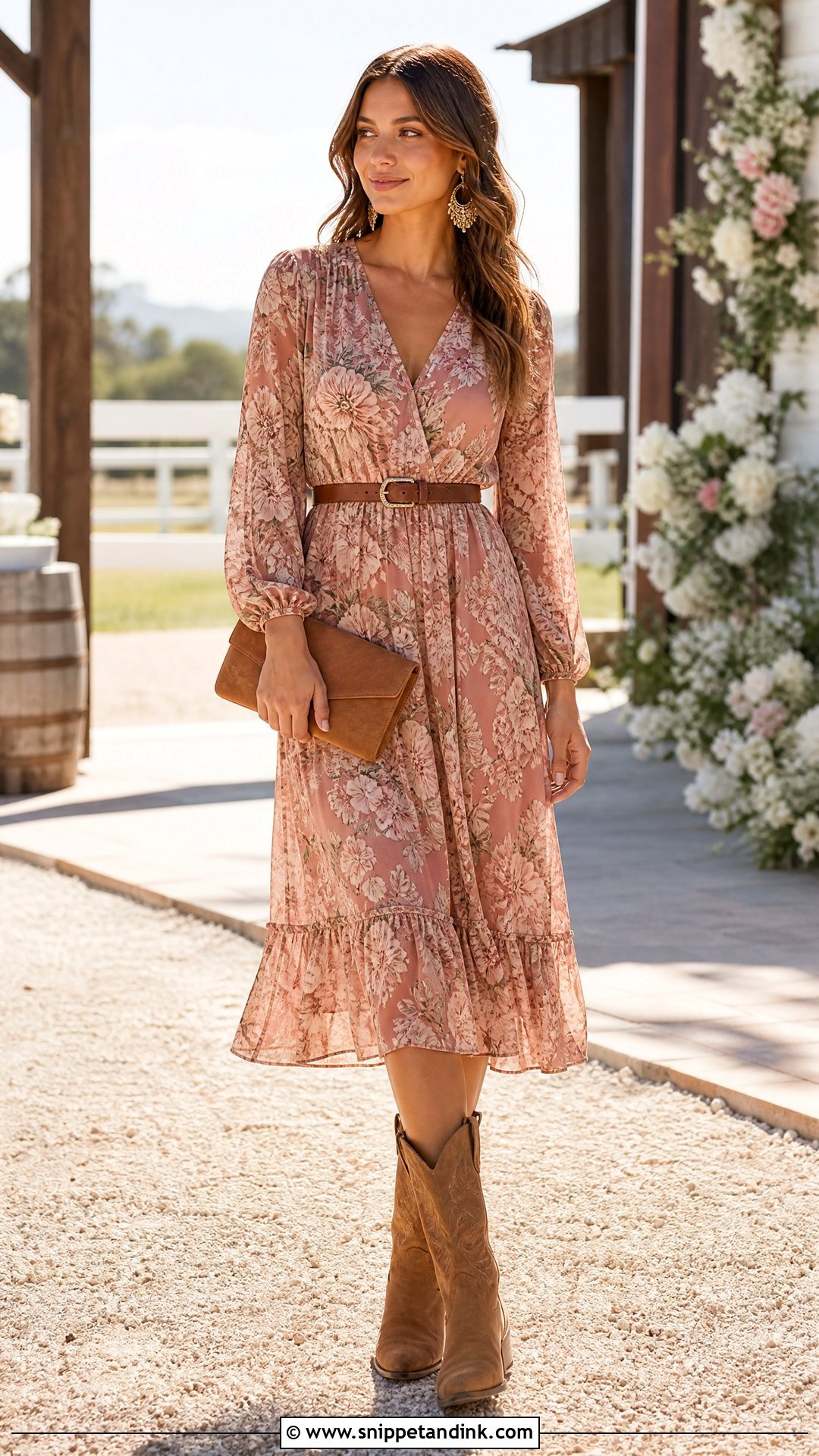 Floral Midi Dress Western Wedding Outfit - Snippet and Ink - 20 Wedding Western Outfits