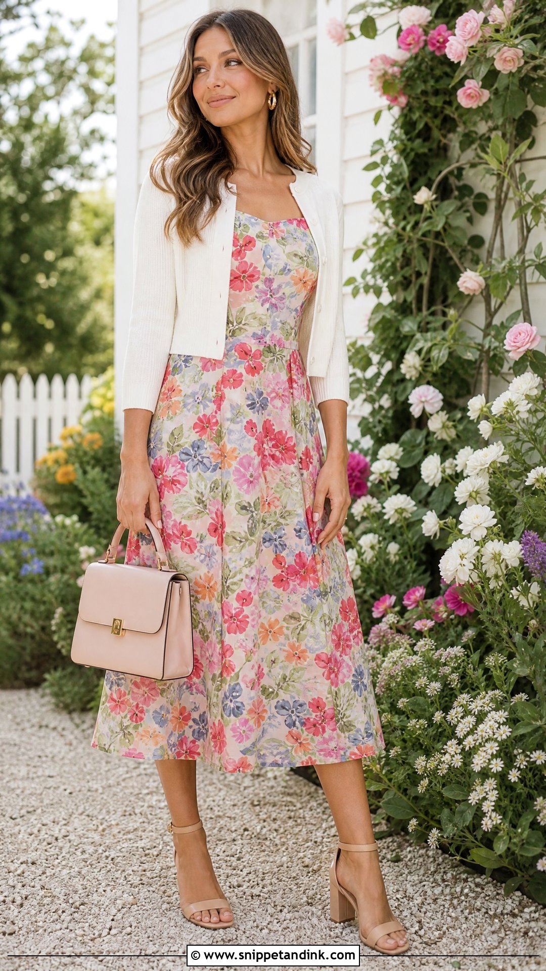 Floral Midi Dress With Block Heels - Snippet and Ink - 20 Summer Garden Party Dress Ideas