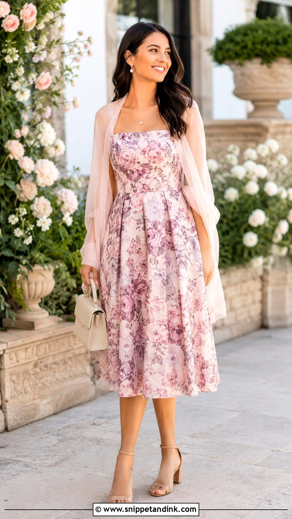 Floral Midi Dress With Blush Shawl - Snippet and Ink - 20 Dress and Shawl Ideas