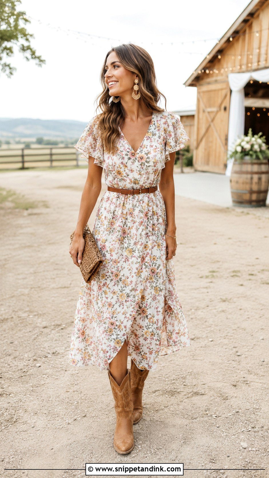 Floral Midi Dress With Cowboy Boots - Snippet and Ink - 20 Cowboy Wedding Outfit Ideas