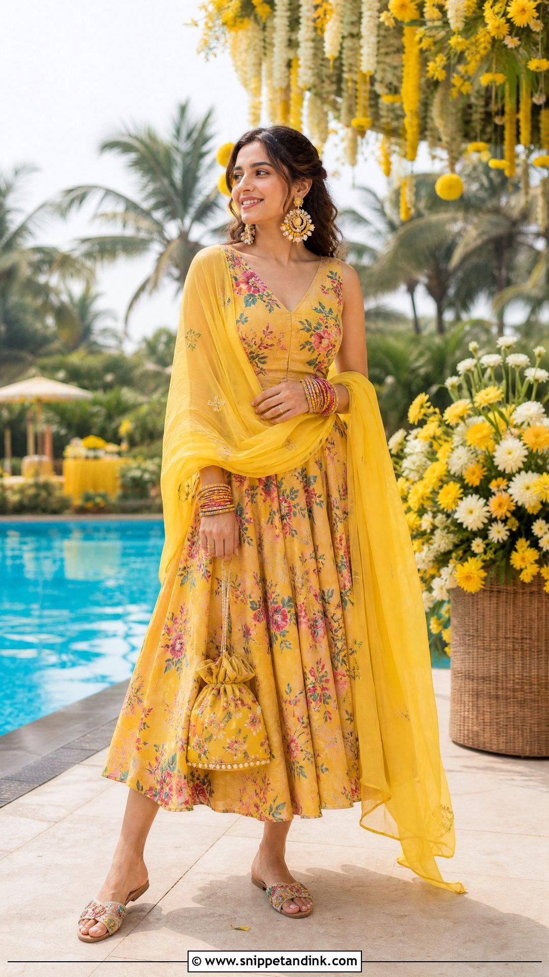 Floral Midi Dress With Dupatta Poolside Haldi Outfit - Snippet and Ink - 20 Pool Side Haldi Outfits