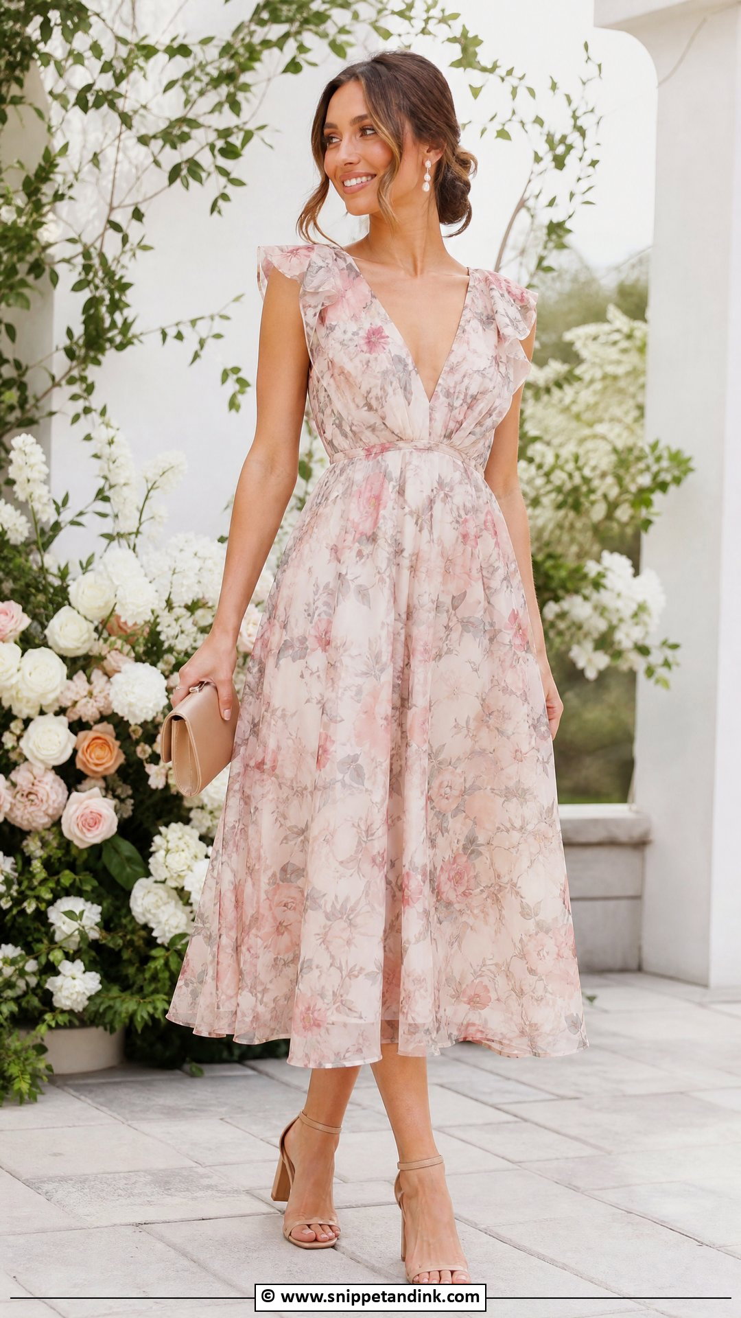 Floral Midi Dress With Nude Heels - Snippet and Ink - 35 Dresses to Wear to a Wedding