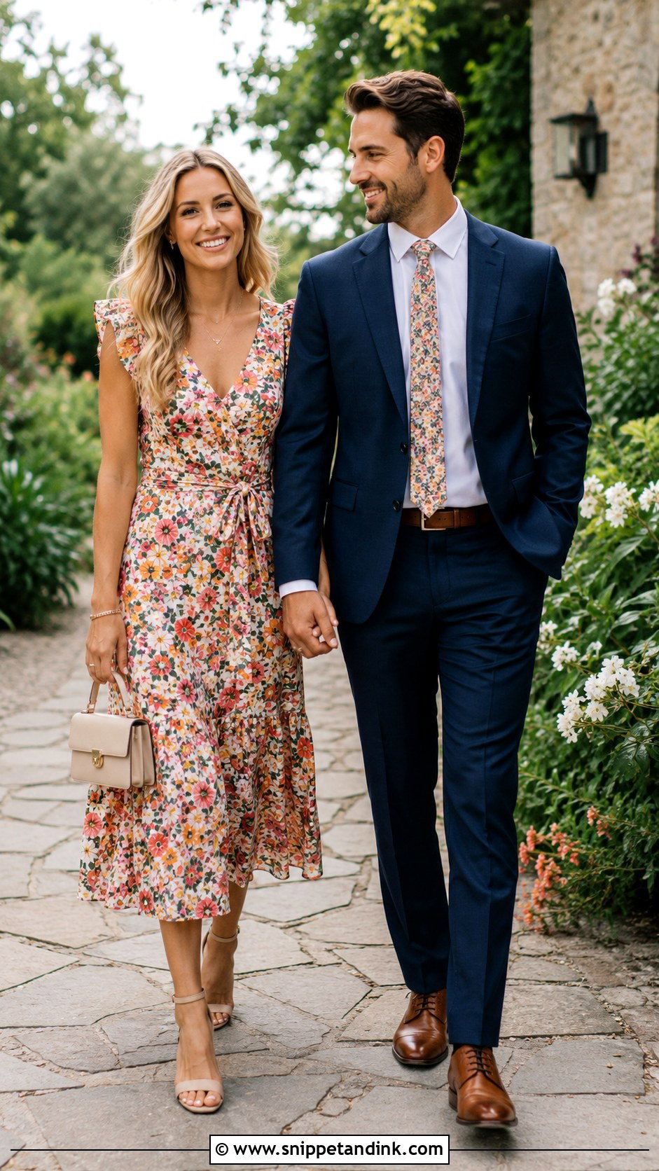 Floral Midi Dress and Navy Suit Couple Wedding Outfit - Snippet and Ink - 20 Couple Dress for Wedding Ideas