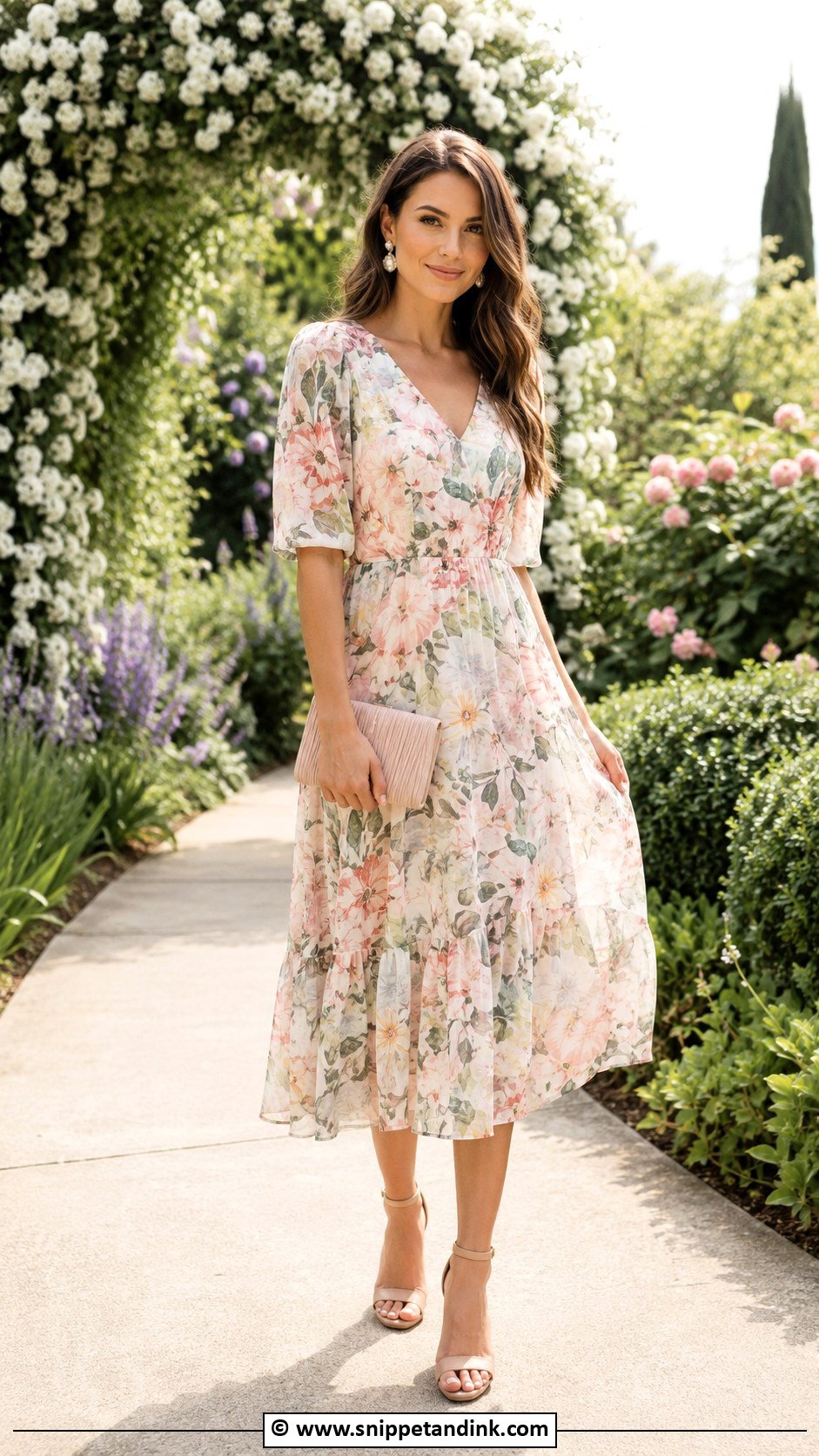 Floral Midi Garden Wedding Dress With Block Heels - Snippet and Ink - 30 Garden Wedding Dress Ideas