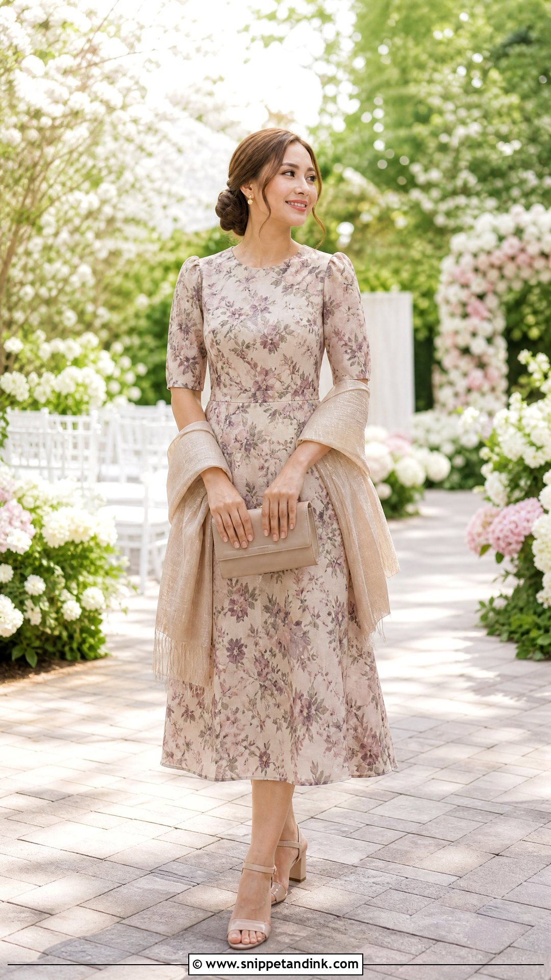 Floral Midi Ninang Dress With Block Heels - Snippet and Ink - 20 Ninang Outfit for Wedding Ideas