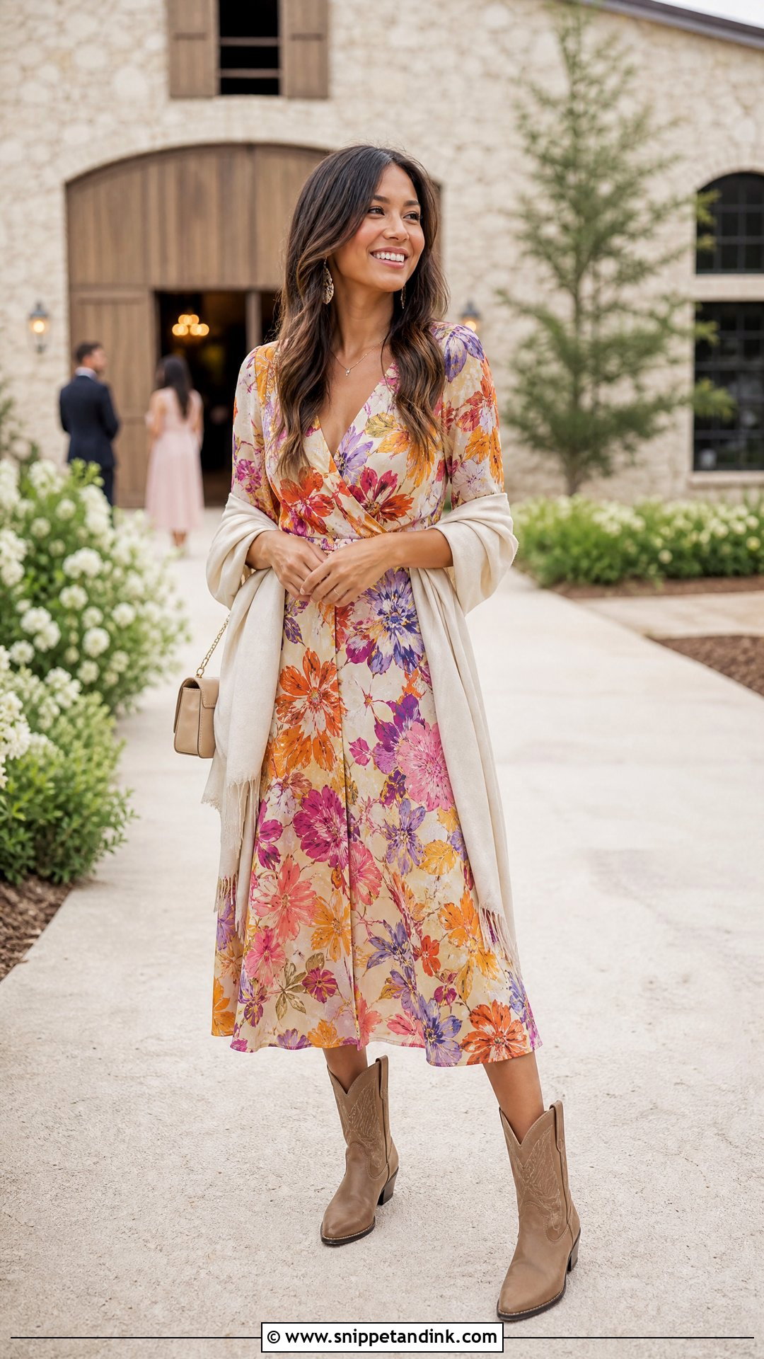 Floral Midi Wedding Guest Dress With Cowgirl Boots - Snippet and Ink - 25 Wedding Cowgirl Boots Ideas