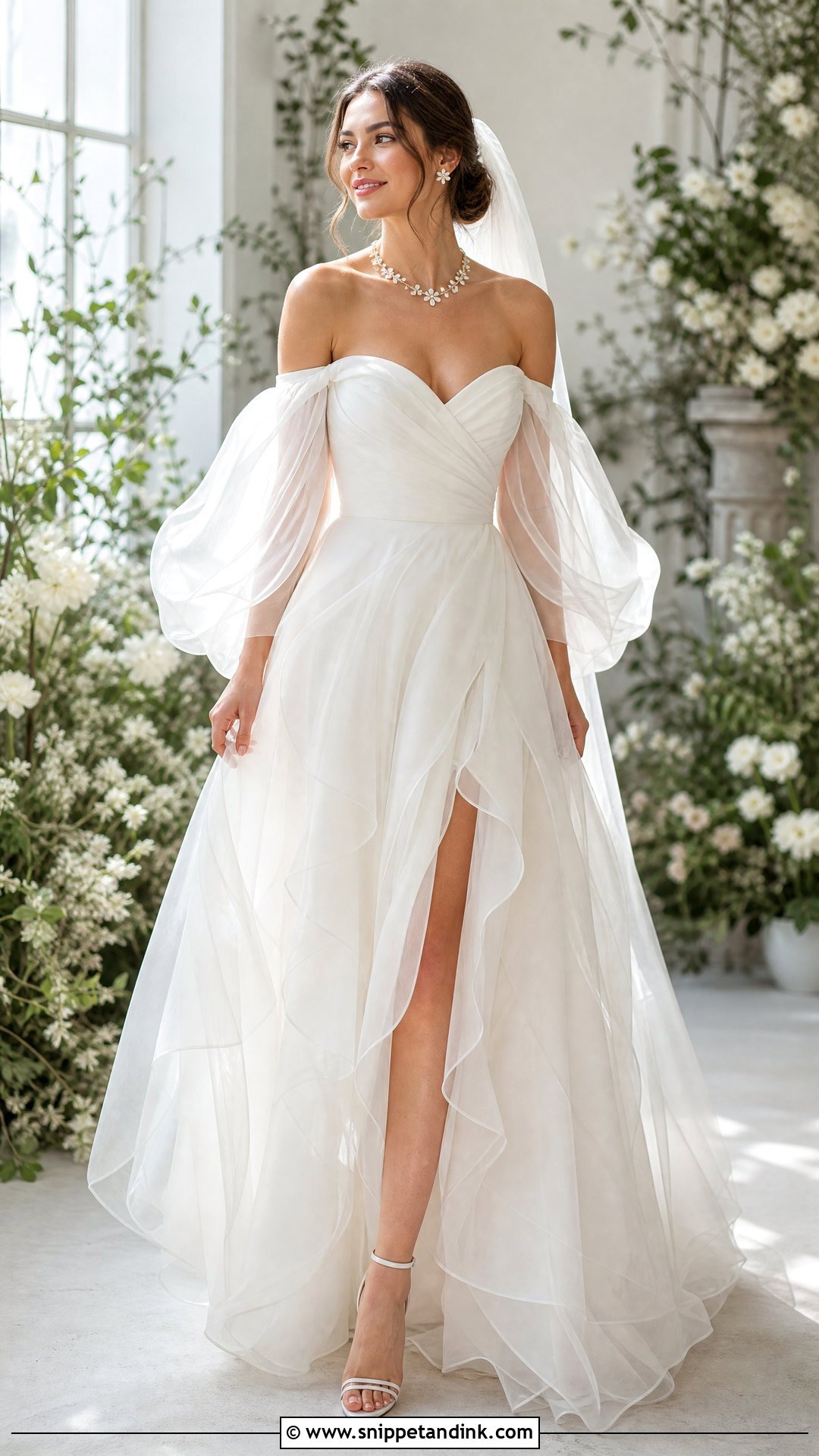 Floral Necklace With Off Shoulder Wedding Dress - Snippet and Ink - 20 Wedding Dress Necklace Ideas