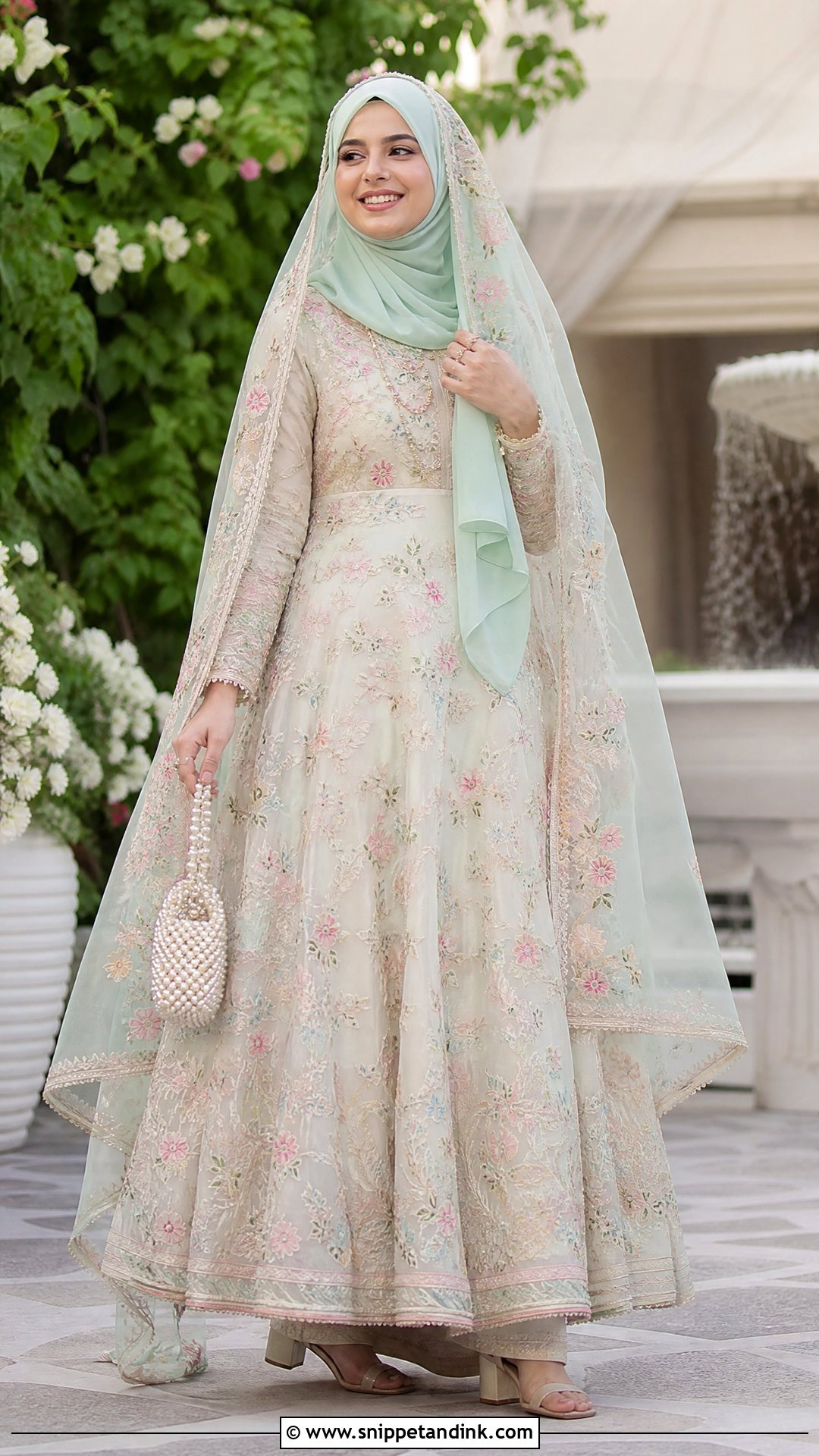 Floral Nikah Hijab With Pastel Lehenga - Snippet and Ink - 20 Nikah Hijab Style Ideas