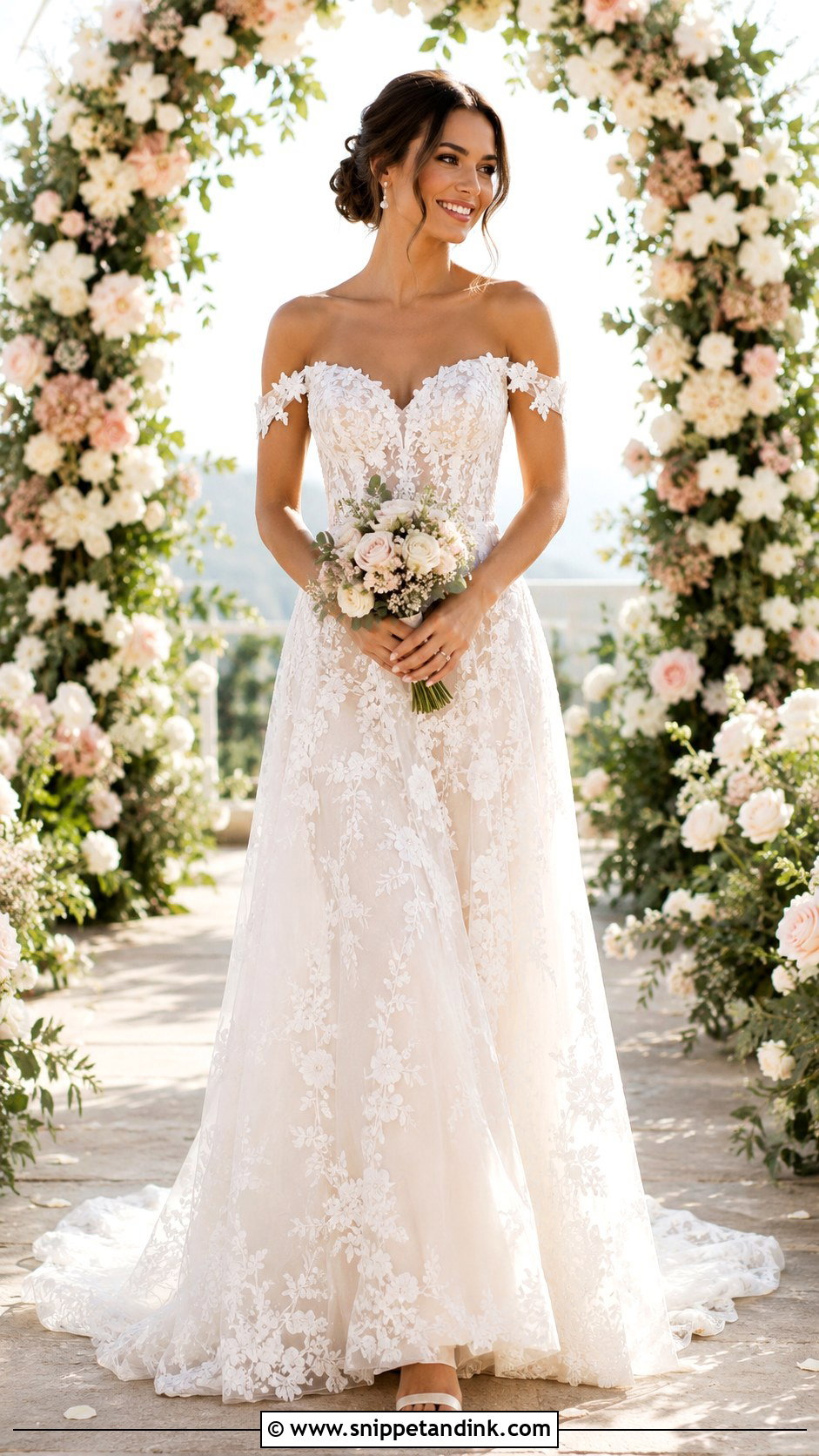 Floral Off Shoulder Wedding Dress - Snippet and Ink - 25 Flowery Wedding Dress Ideas