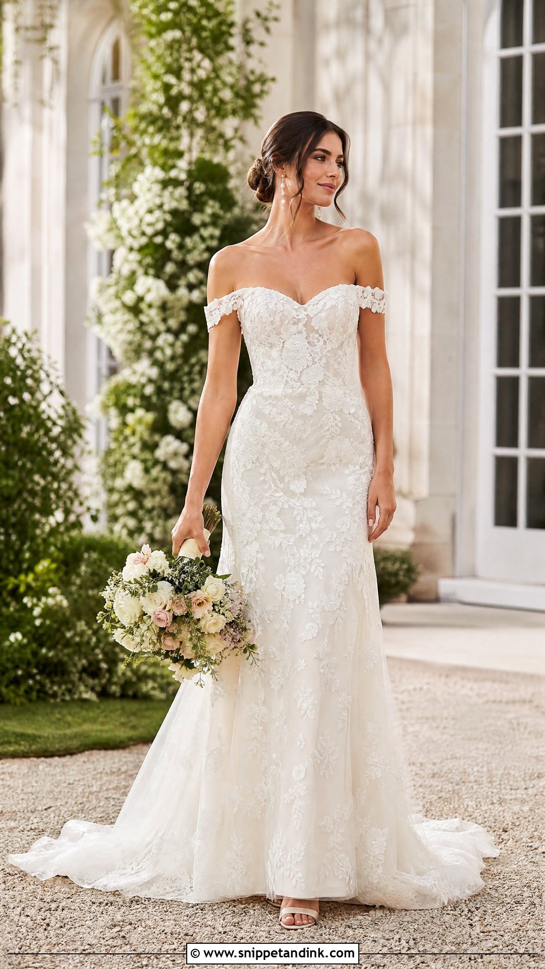 Floral Off Shoulder Wedding Dress With Drop Earrings - Snippet and Ink - 25 Floral Wedding Dresses
