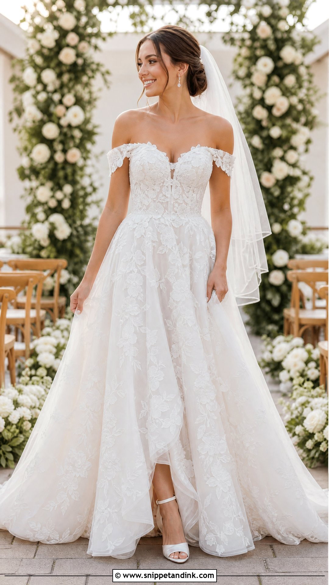 Floral Off Shoulder Wedding Dress With Drop Earrings - Snippet and Ink - 25 Floral Wedding Dress Ideas