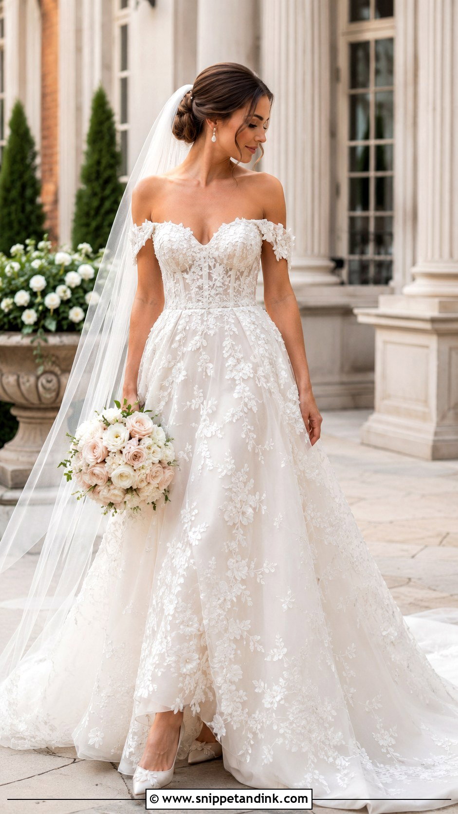 Floral Off Shoulder Wedding Dress With Updo - Snippet and Ink - 25 Wedding Dresses with Flowers