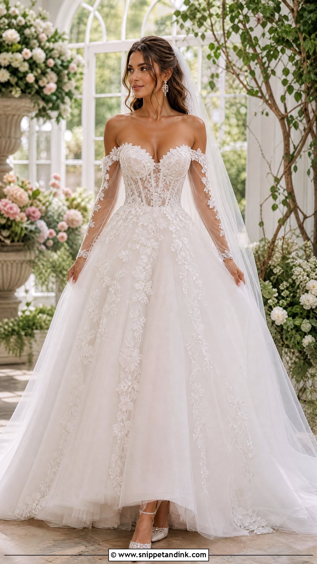 Floral Off the Shoulder Sleeve Corset Wedding Dress - Snippet and Ink - 20 Wedding Dress Off the Shoulder Sleeves